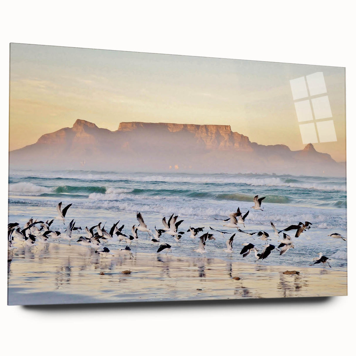 Large abstract wall art depicting an African scenery in muted earth tones on acrylic glass.