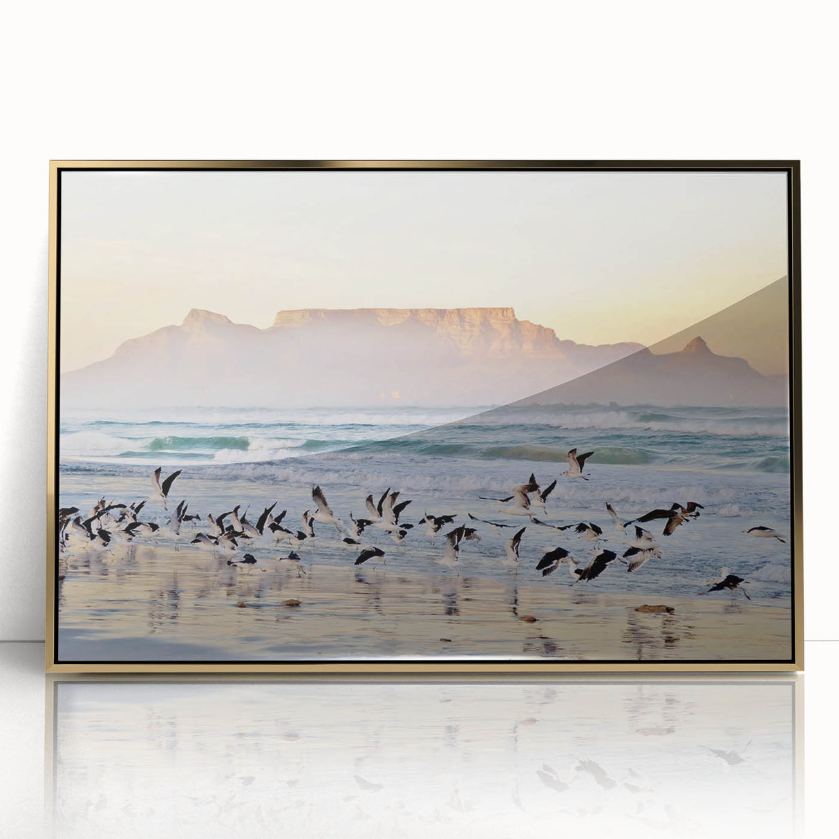 Large art print of a South African scenery in gold tones on acrylic, framed, in a mid-century modernist style.