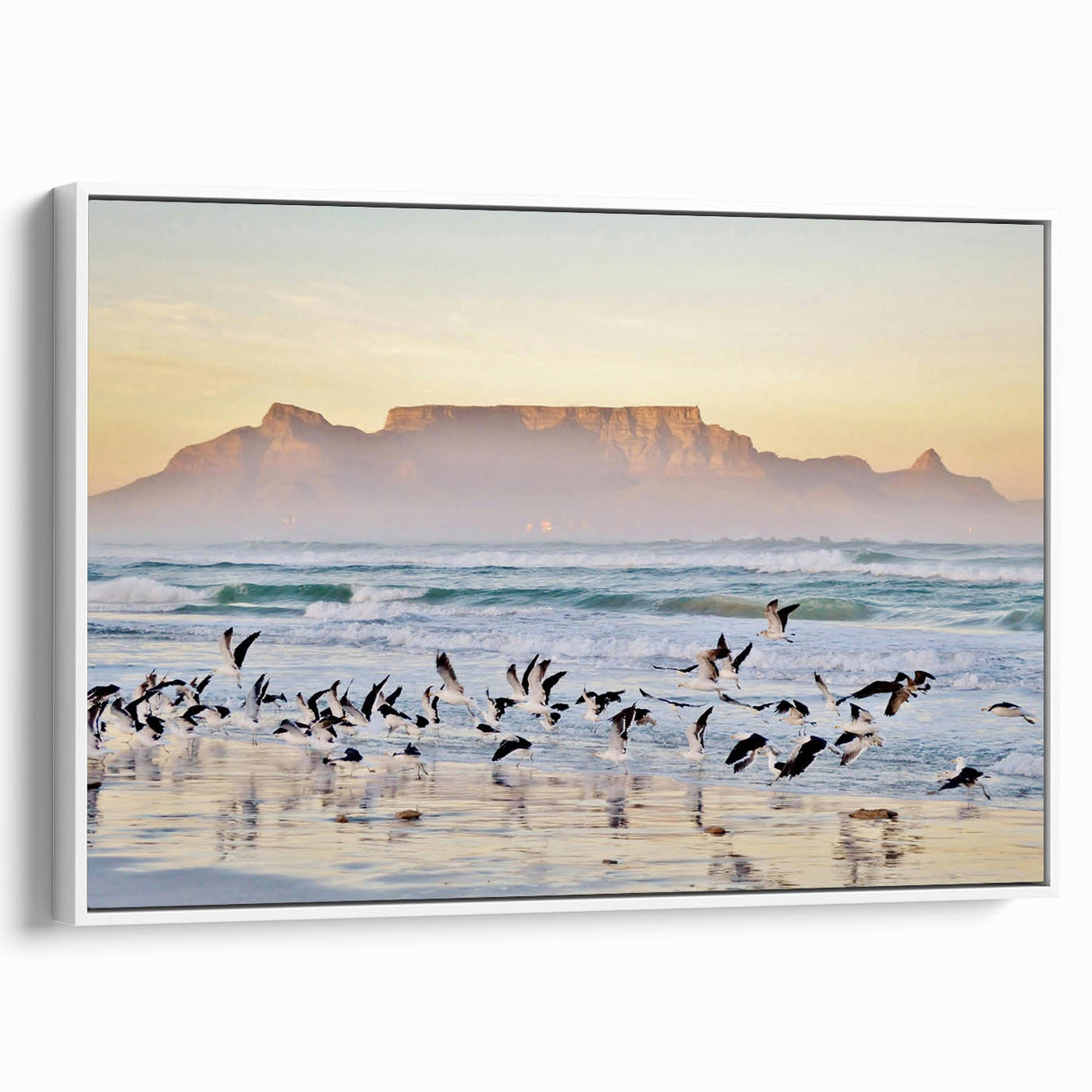 Vintage poster art of a South African landscape on framed canvas, featuring vibrant colorful art with a white border.
