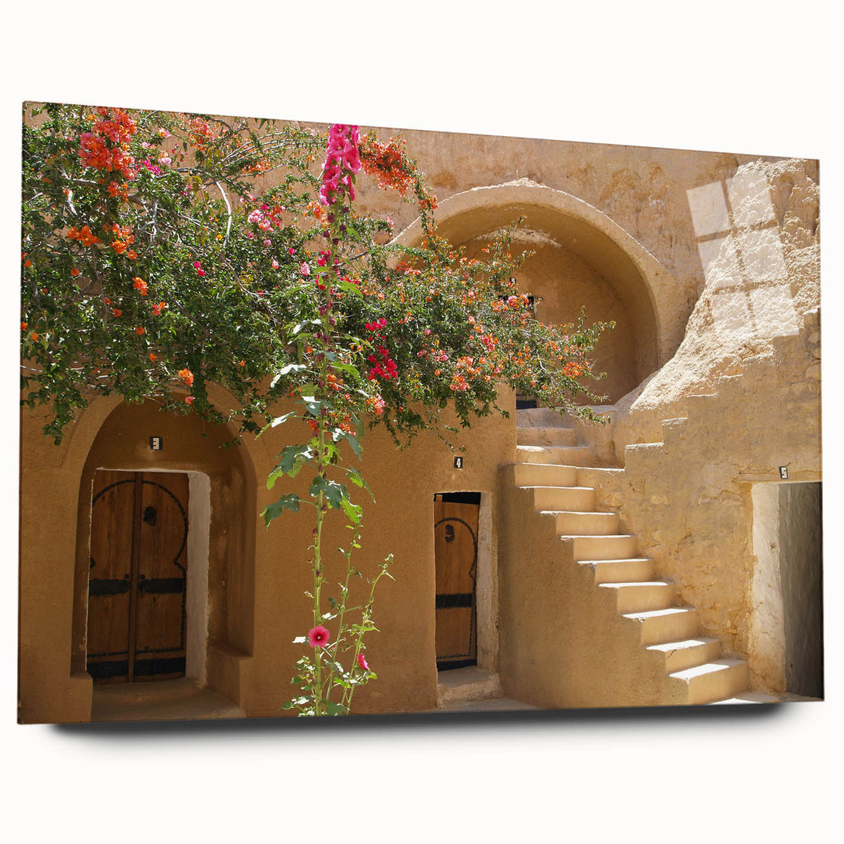 Acrylic print of a Tunisian landscape in muted earth tones, ideal for bedroom or dining room art.