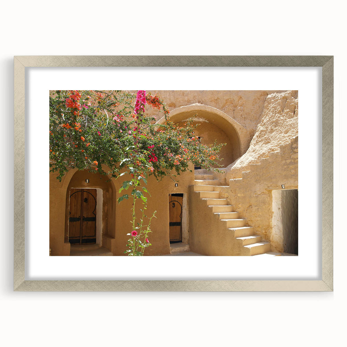 Extra large framed wall art of abstract Tunisian landscape in textured silver, ideal for living room decor.