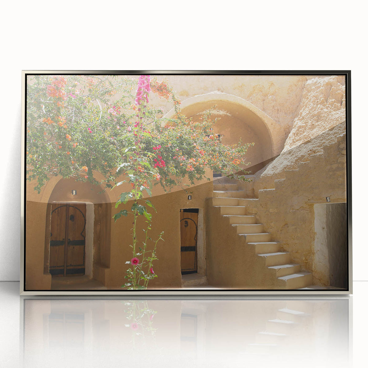 Mid-century modernist art depicting a Tunisian landscape in muted earth tones on a framed acrylic print.