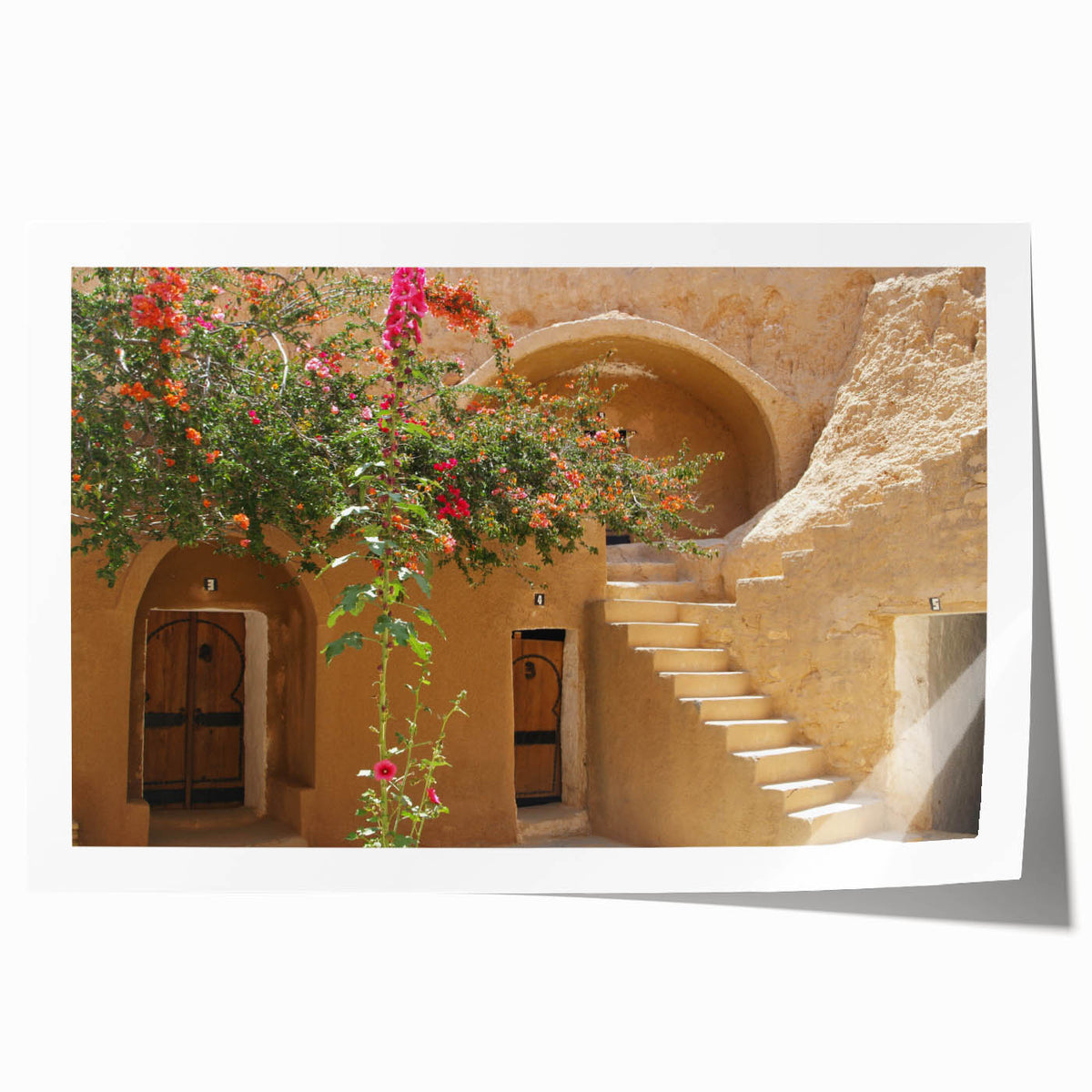 Extra large rolled print of a Tunisian landscape with floral elements in earth tones, suitable for art wall dining room.