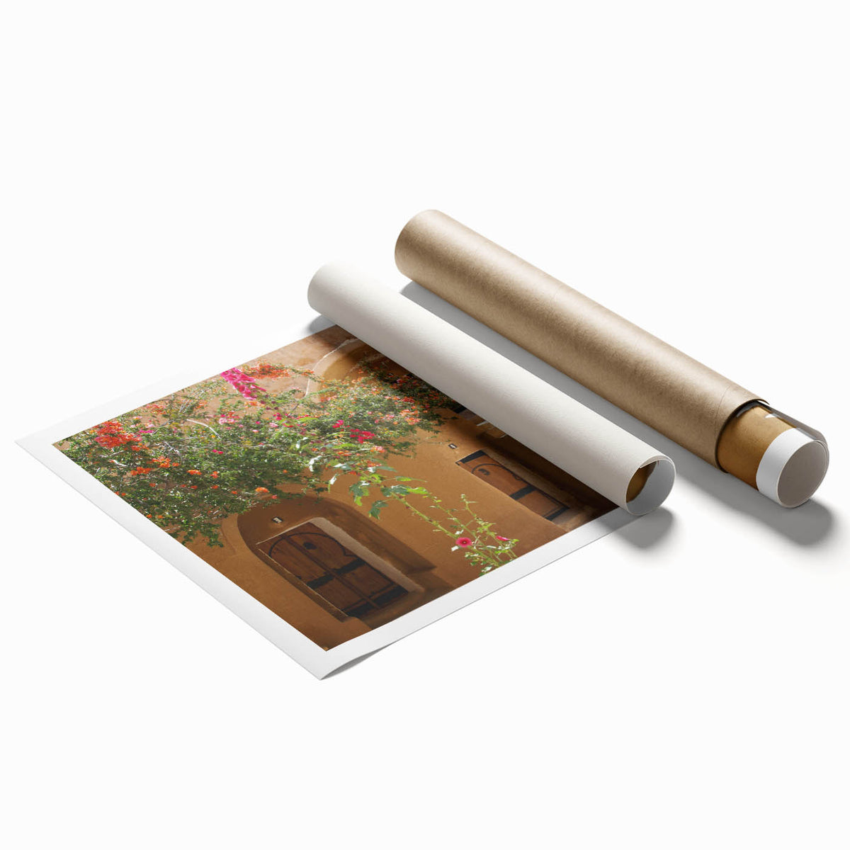 Extra large rolled print featuring a Tunisian landscape with vibrant floral elements, ideal for classy bathroom wall art.