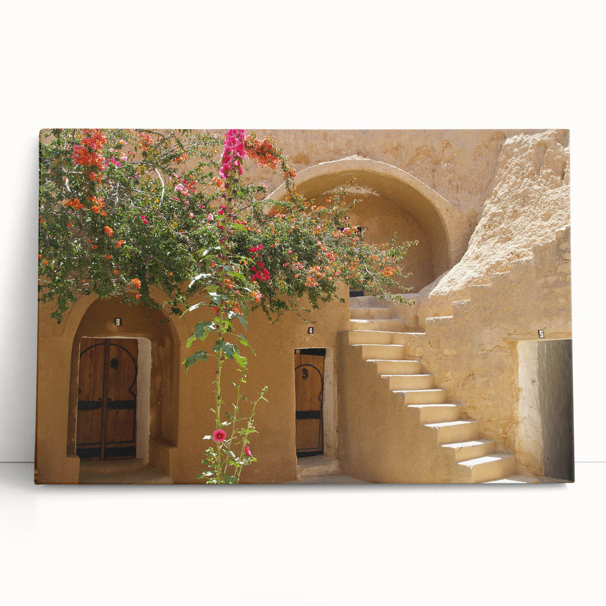 Large black and white stretched canvas depicting a Tunisian landscape, ideal for kitchen wall art.