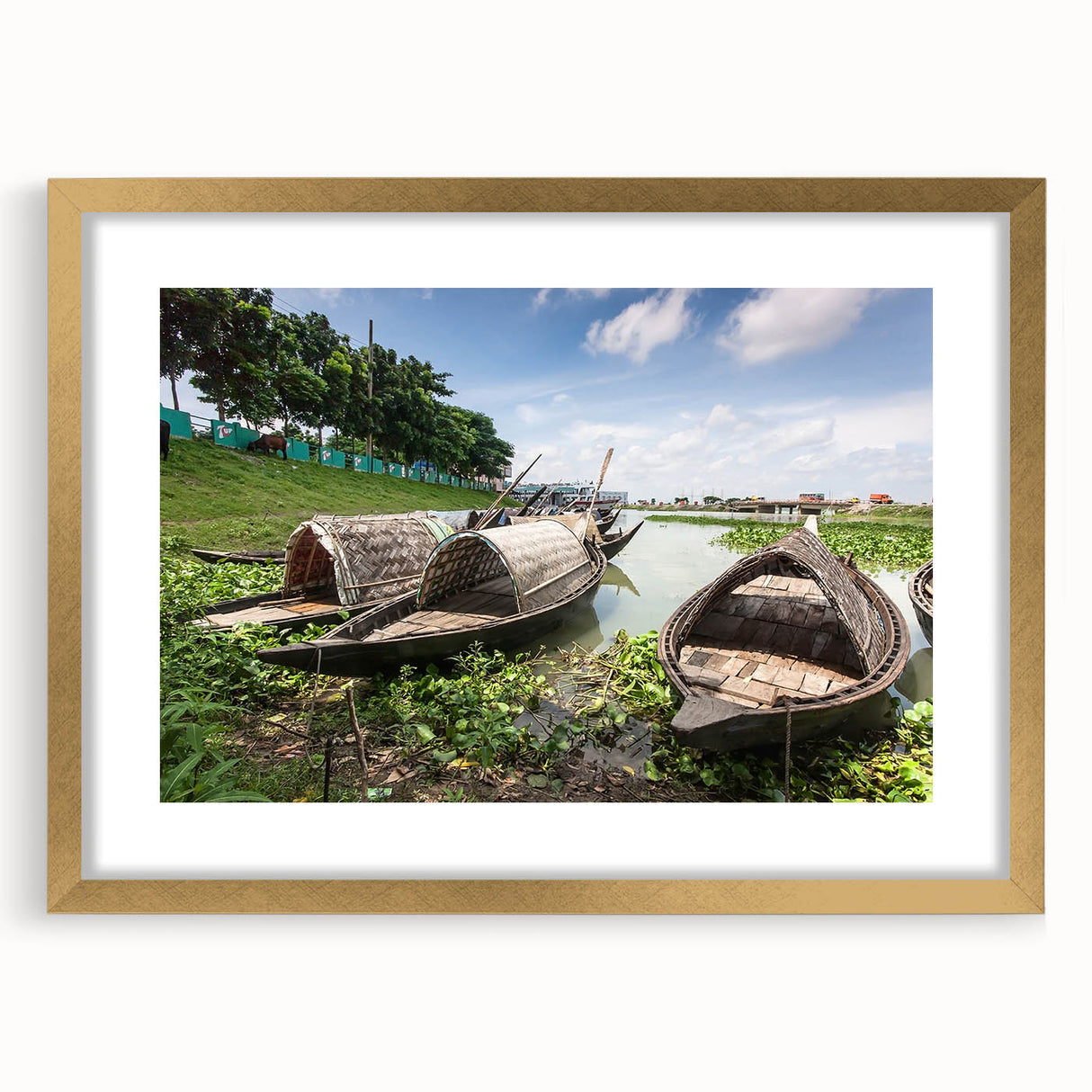 Extra large abstract art print of a Bangladesh scenery in gold frame, featuring textured brush strokes and earthy tones.