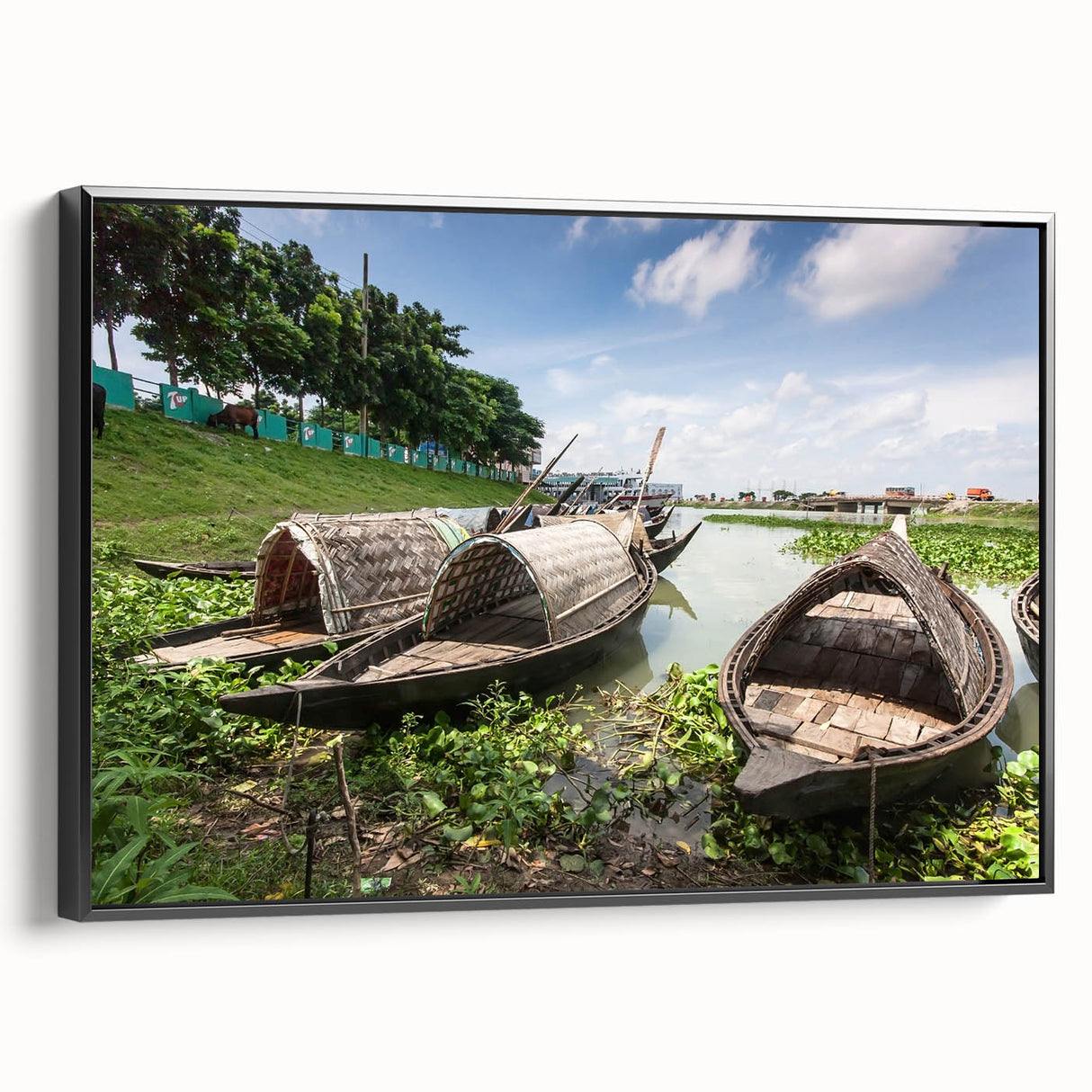 Black and white framed canvas of a Bangladesh landscape in vintage poster style, ideal for bedroom decor.