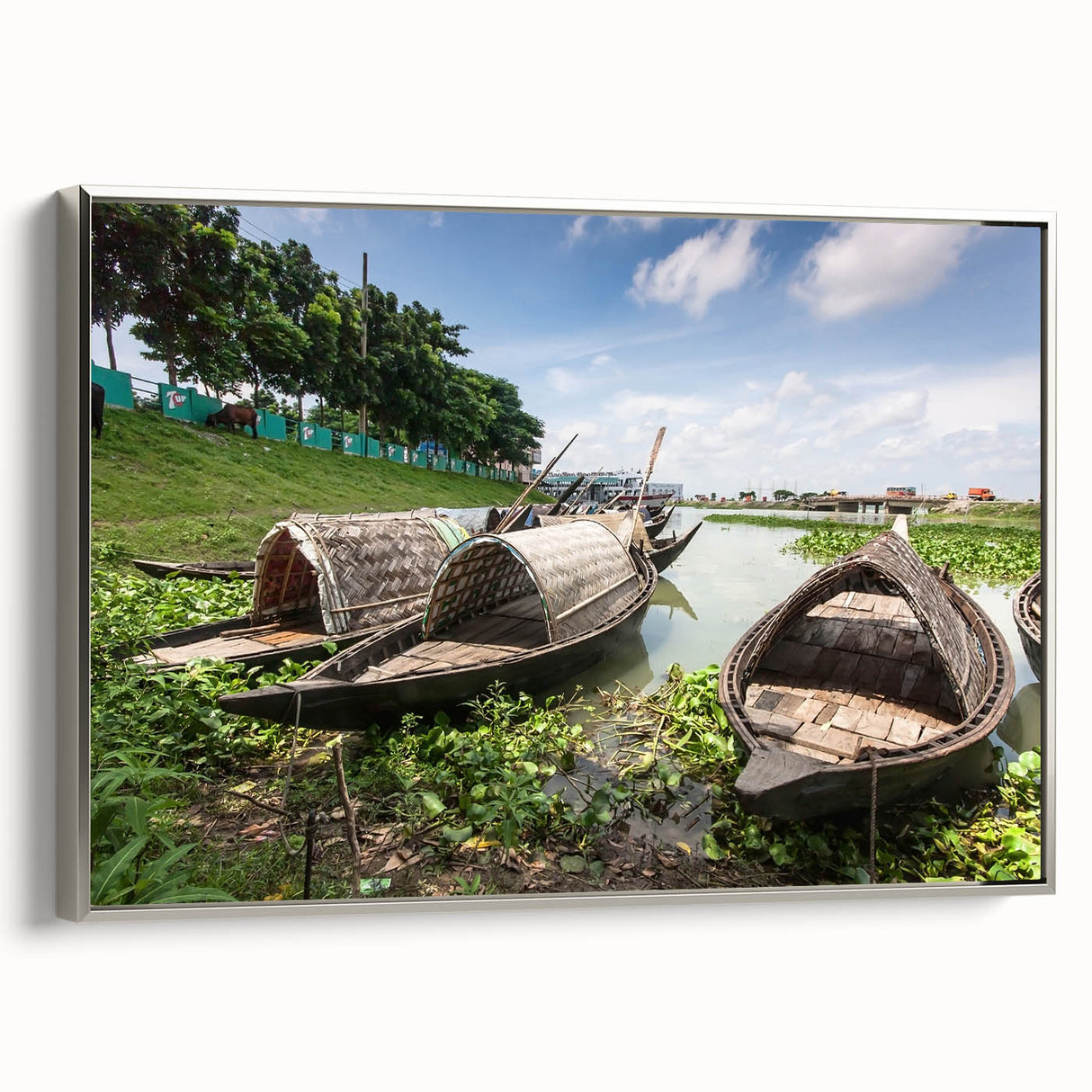 Landscape art painting of a Bangladesh rural scene in vibrant colors on a framed canvas, ideal for living room decor.