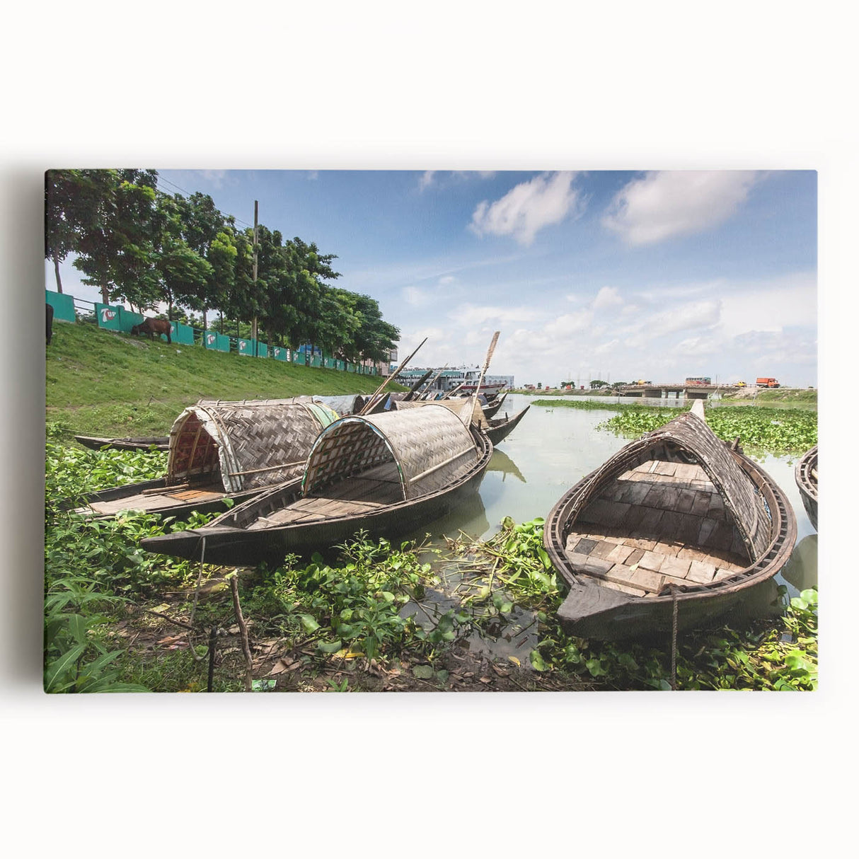Black and white stretched canvas of a bustling market scene in Bangladesh, suitable as large kitchen wall art.