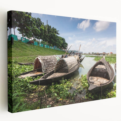 Large canvas print of a serene Bangladesh landscape in muted green and blue tones, suited for kitchen wall art.