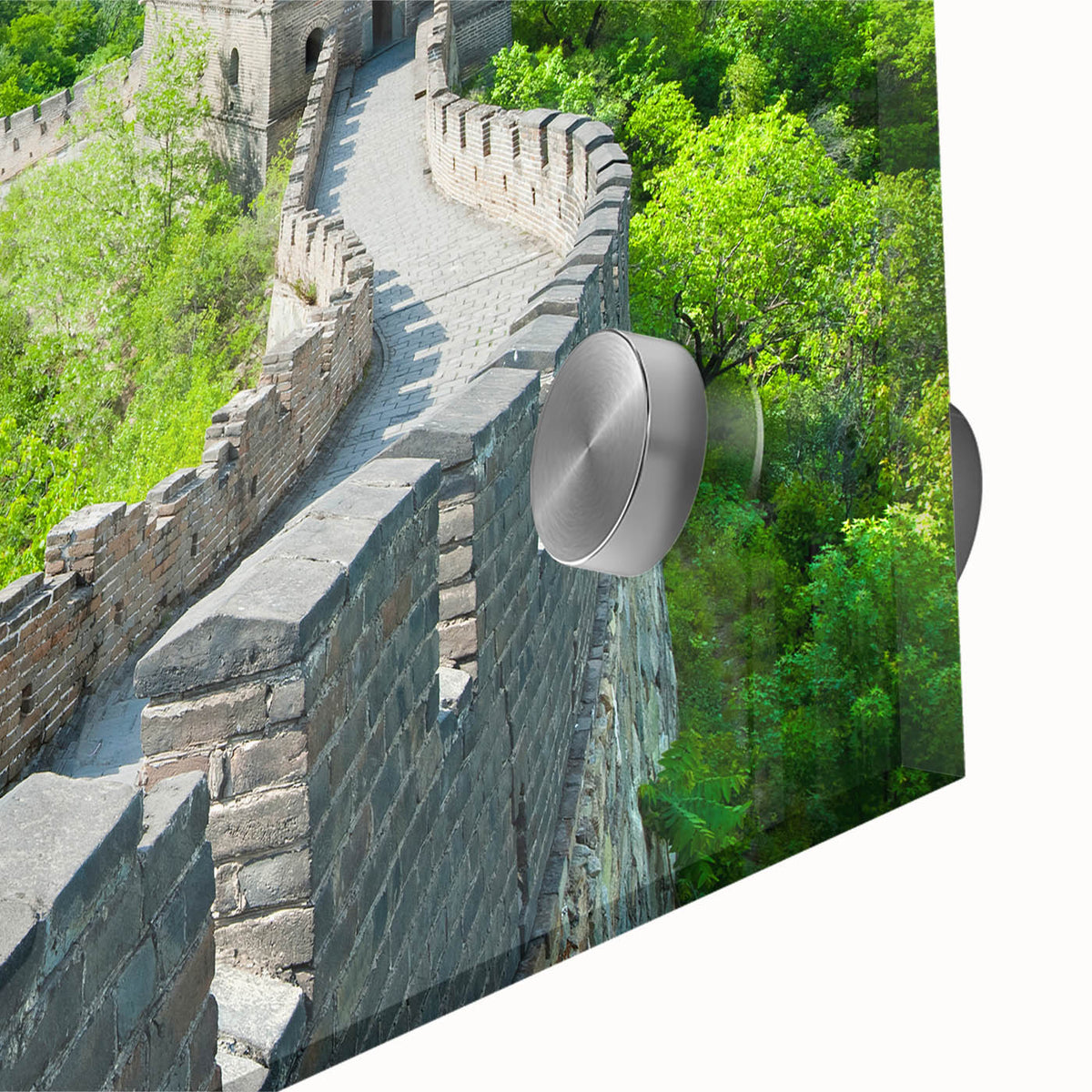 Mid-century modernist style depiction of the Great Wall of China in muted earth tones on acrylic glass.