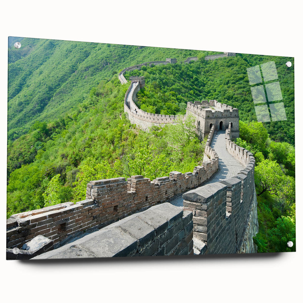 Acrylic print of the Great Wall of China in muted earth tones, suitable for bedroom or dining room decor.