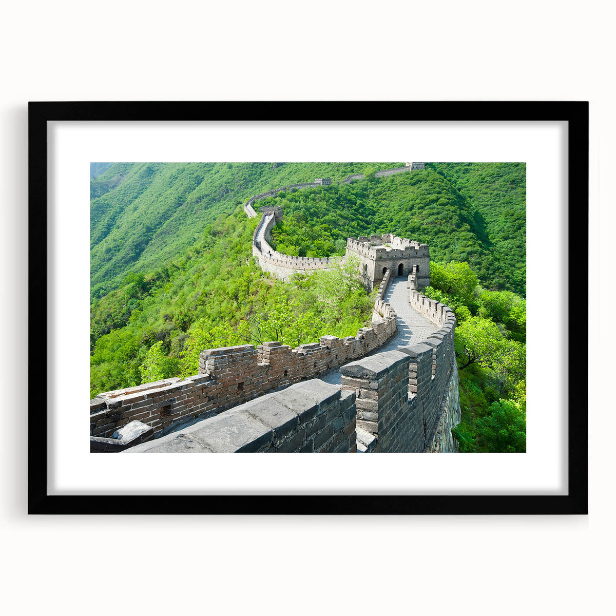 Extra large abstract art print of the Great Wall of China in vibrant colors on a black framed canvas.
