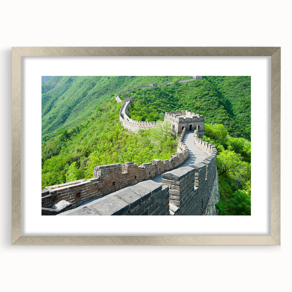 Textured art print of the Great Wall of China in muted earth tones, framed in silver, suitable for bedroom decor.