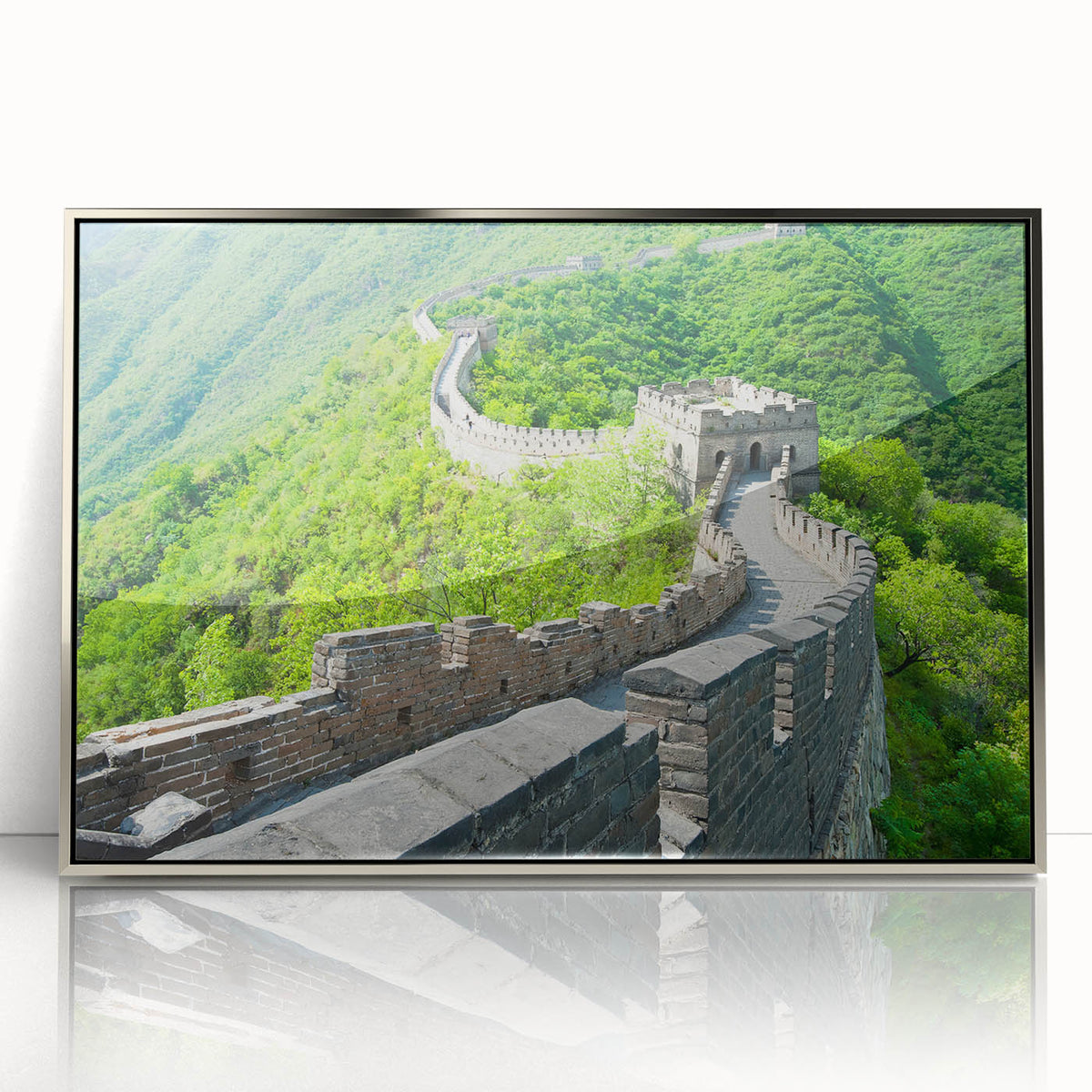 Mid-century modernist art of the Great Wall of China in muted earth tones on a framed acrylic print.