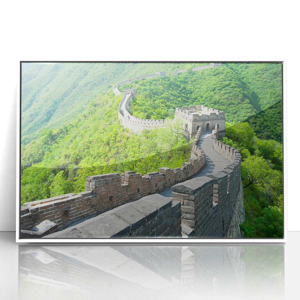 Acrylic print of the Great Wall of China in muted earth tones, framed in white, suitable for modern art wall decor.