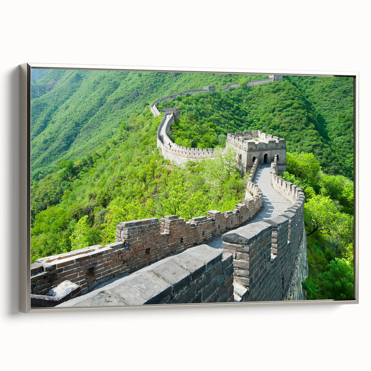 Landscape art painting of the Great Wall of China on a framed canvas, featuring muted earth tones.