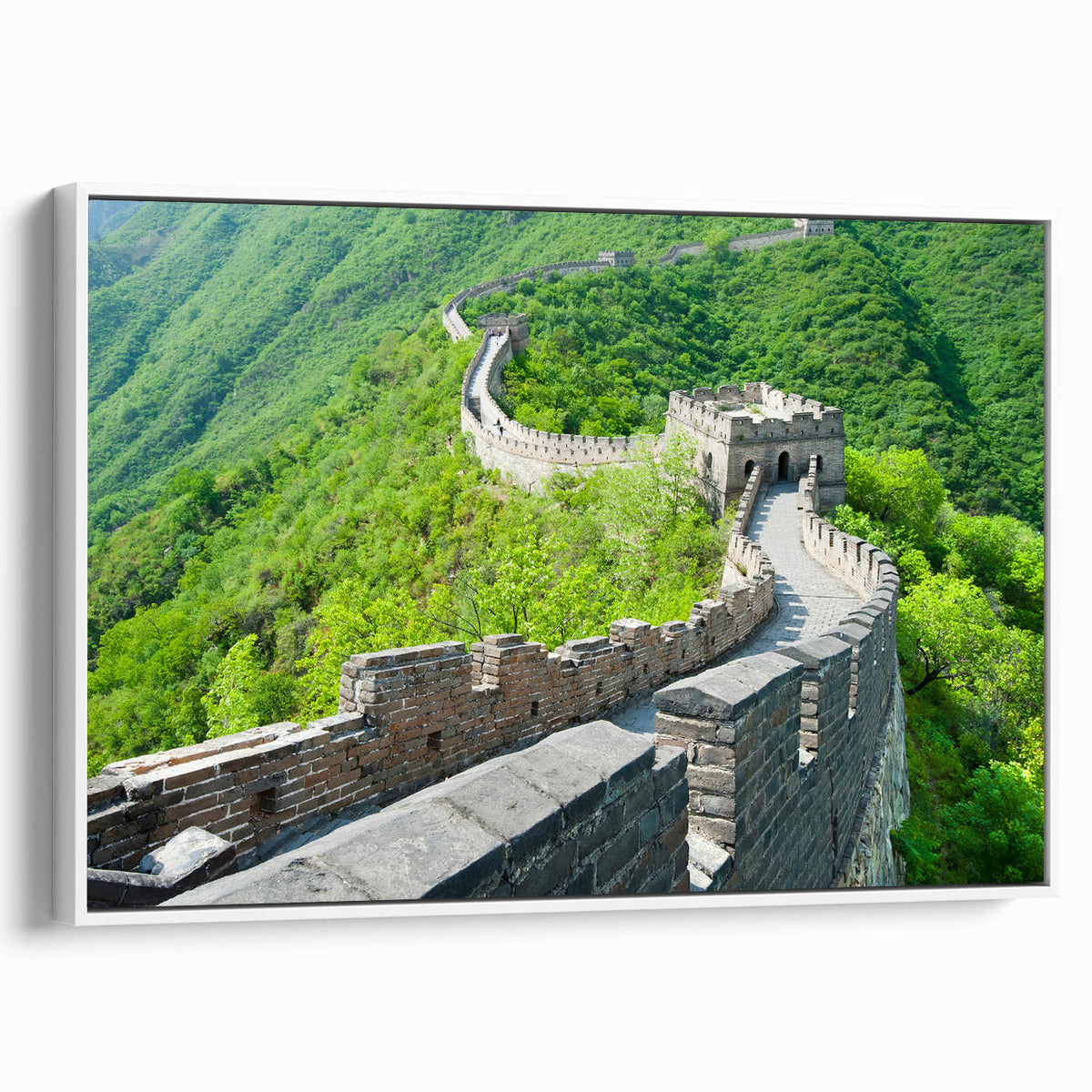 Vintage poster art of the Great Wall of China in muted earth tones on a framed canvas, suitable for living room decor.
