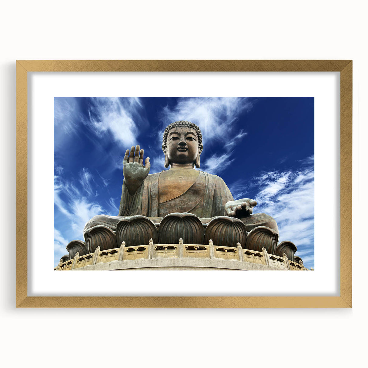 Extra large abstract art print of Hong Kong scenery in gold frame with mat.