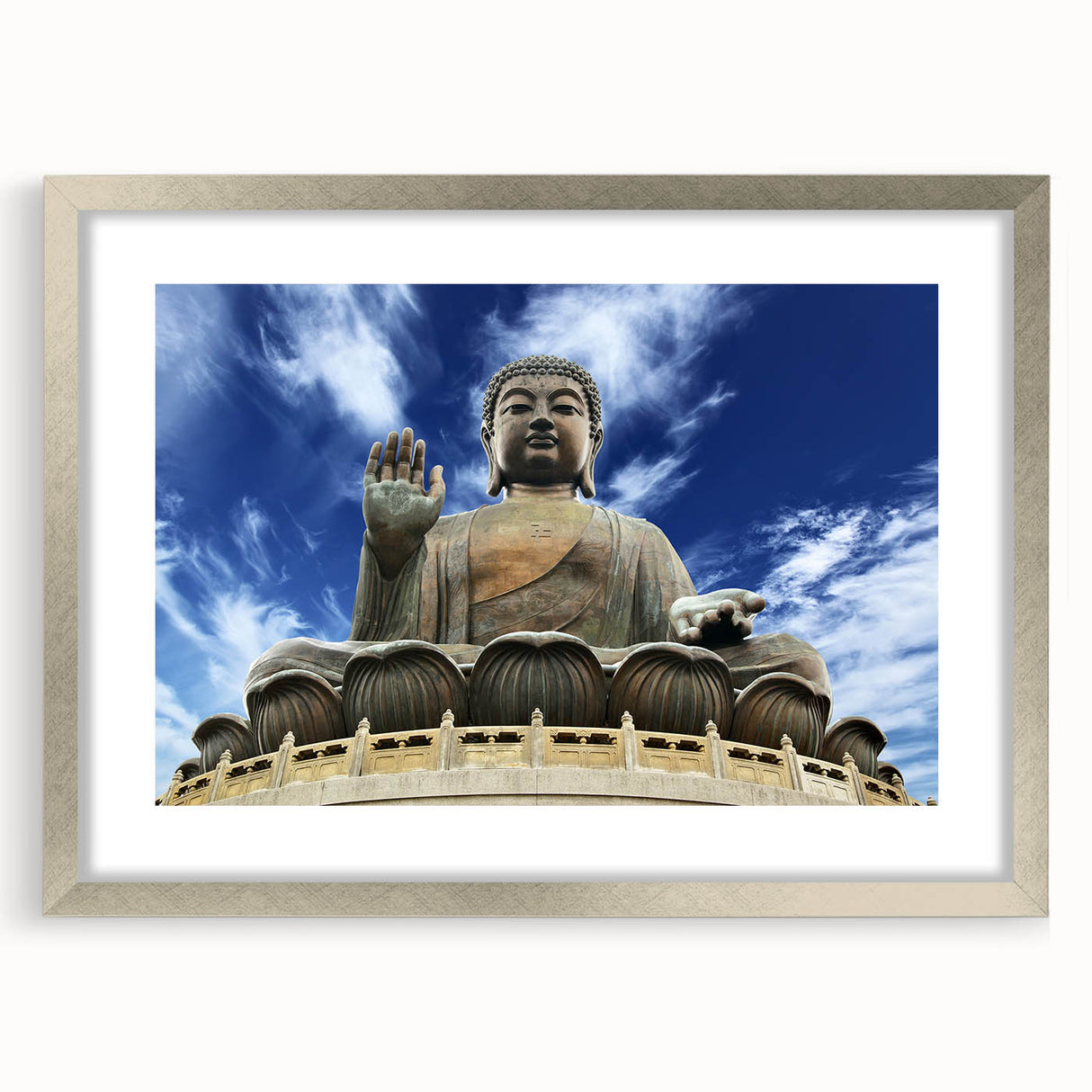 Textured art print of abstract Hong Kong skyline in muted gray and blue tones on a framed silver mat.