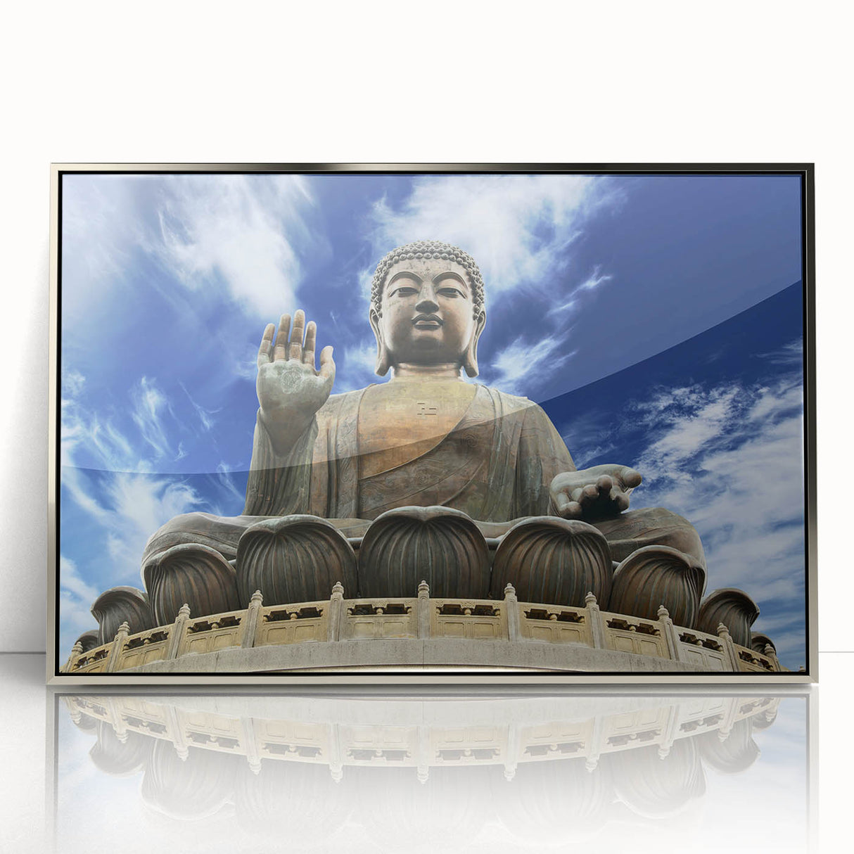 Mid-century modernist art of Hong Kong skyline in acrylic print with silver frame, suitable for modern art wall decor.