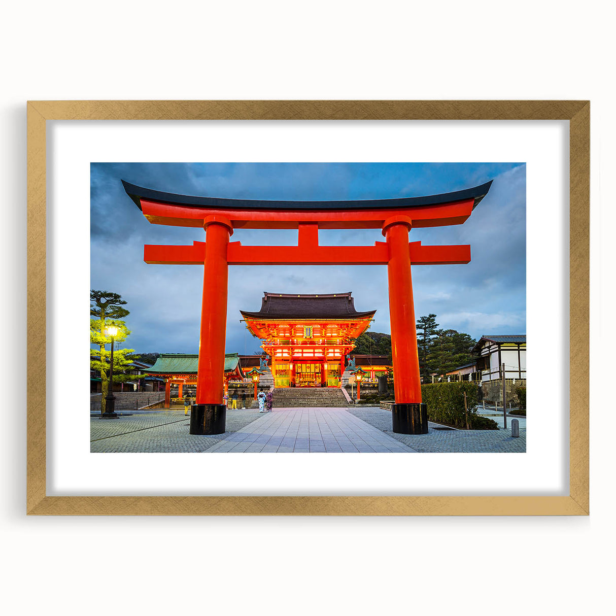 Extra large framed wall art of abstract Kyoto scenery in textured gold tones, ideal for living room decor.