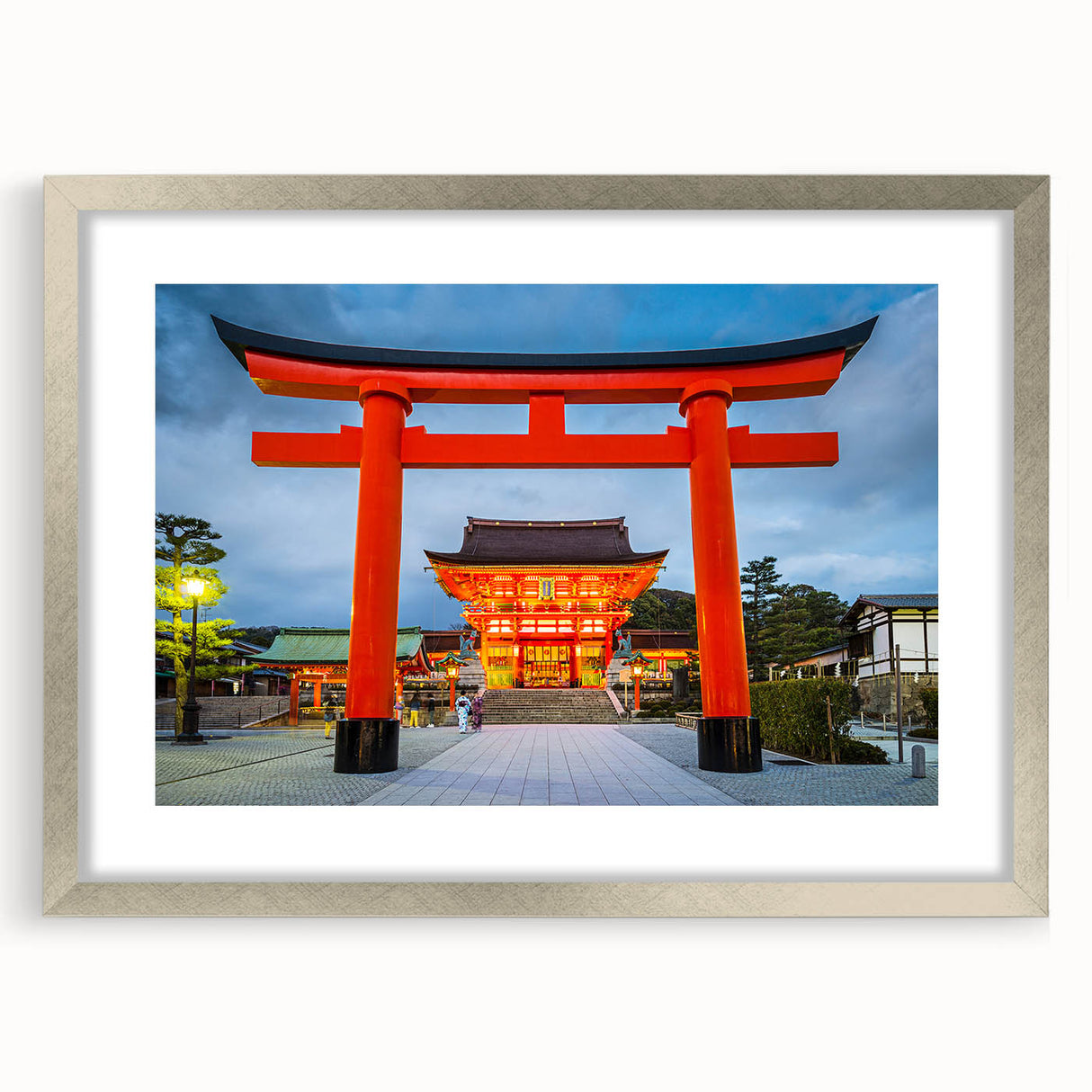 Textured abstract art print depicting a serene Kyoto landscape in soft pastel shades, framed in silver.