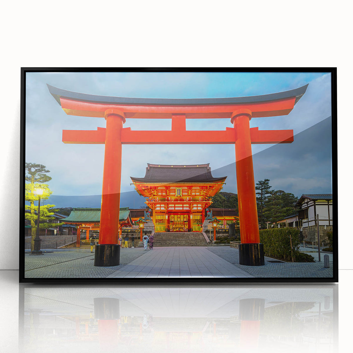 Large abstract wall art depicting a stylized Kyoto scenery in black and grey tones on a framed acrylic.