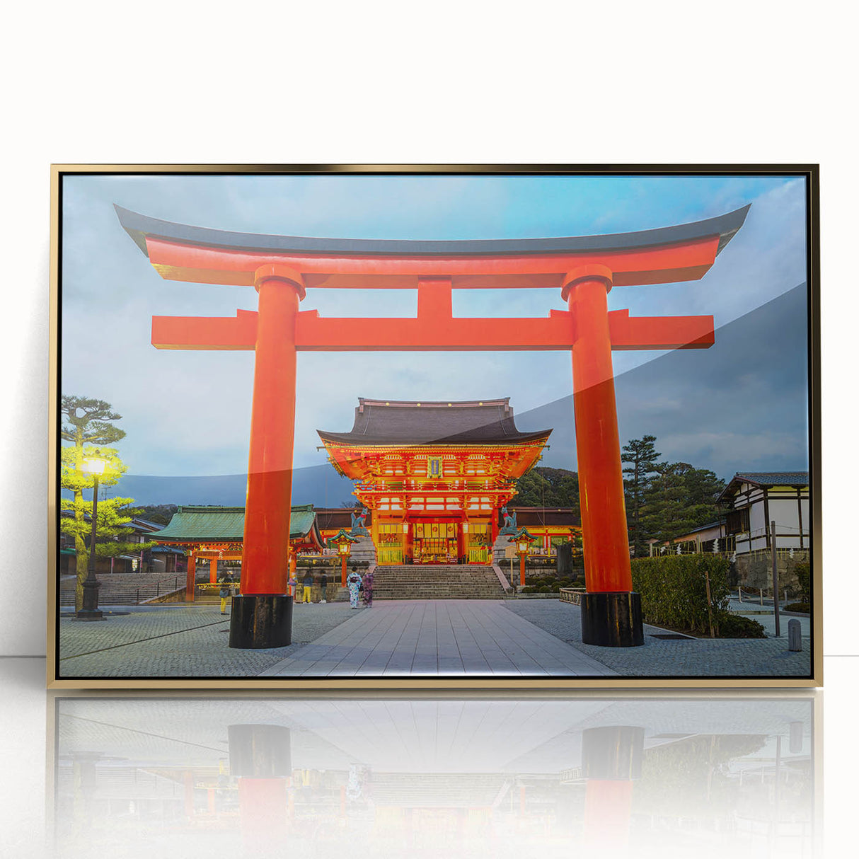 Acrylic print of a serene Kyoto landscape in muted gold and green tones, ideal for modern art wall decor.