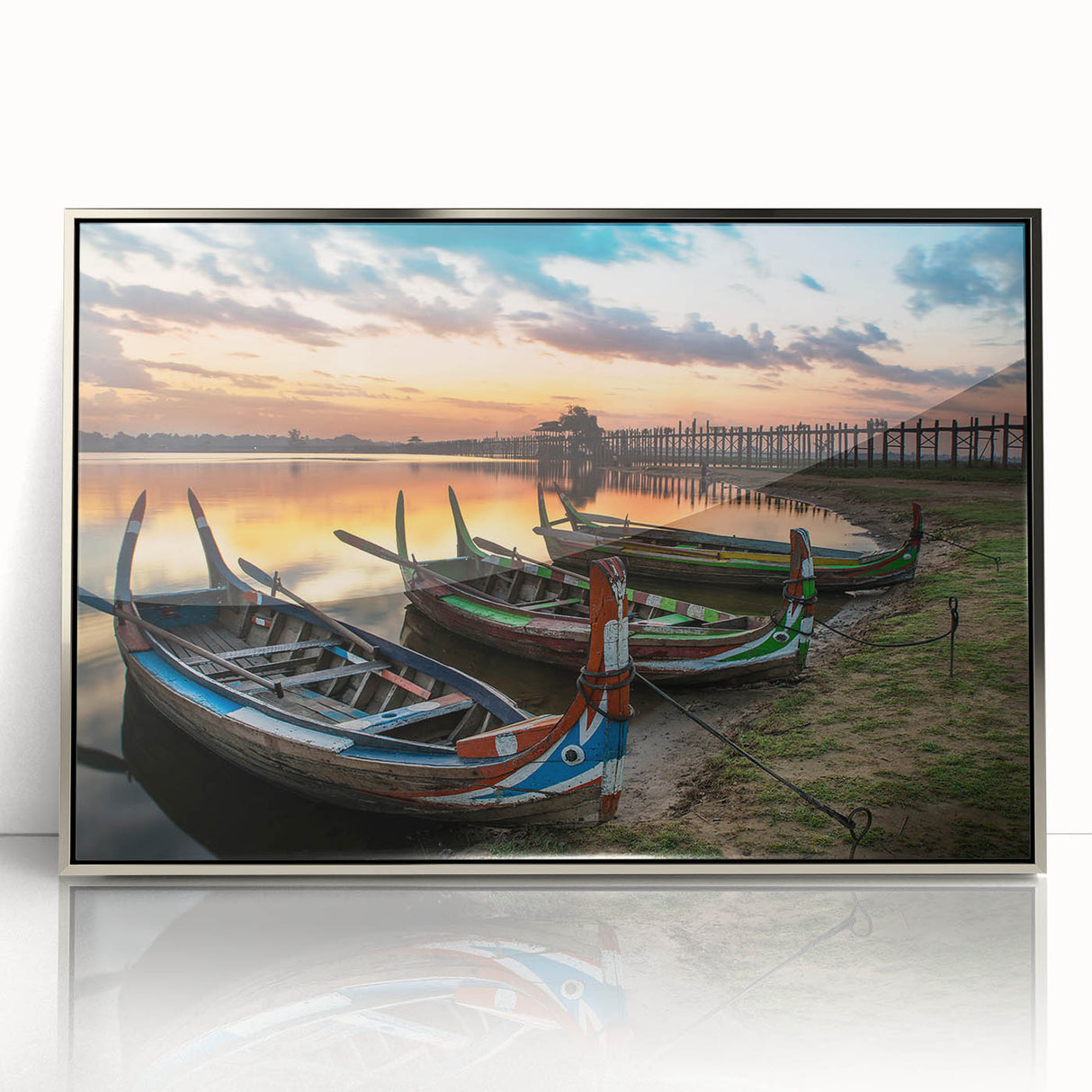 Mid-century modernist art depicting a serene Myanmar landscape in muted earth tones, framed in acrylic.