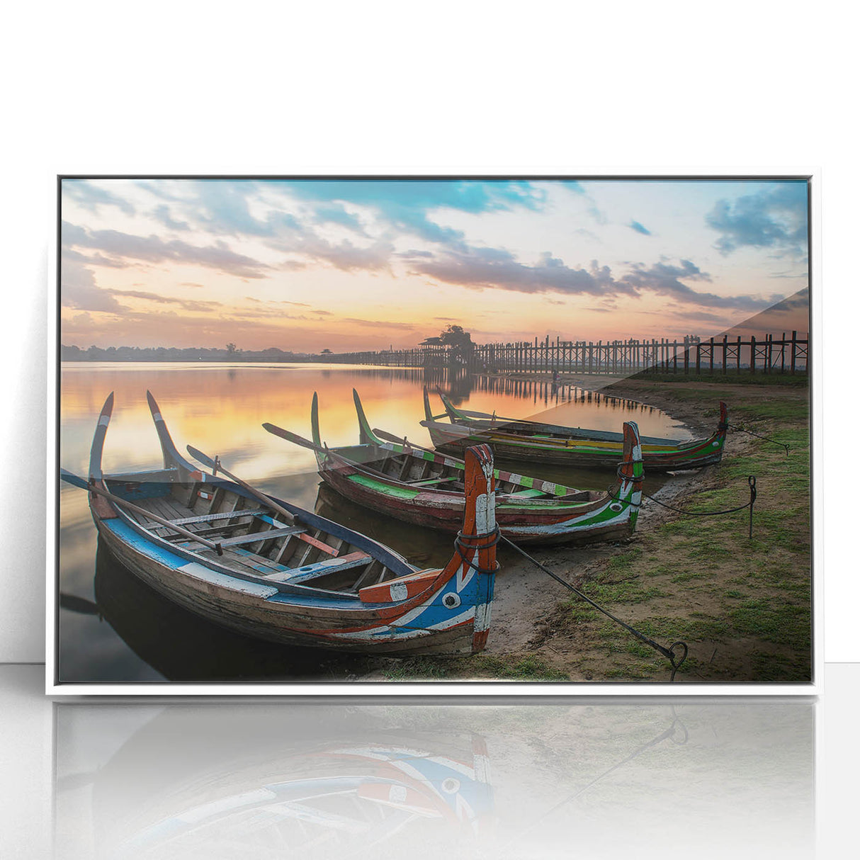 Art deco poster of a Myanmar landscape in muted earth tones on a white framed acrylic, suitable for modern art wall decor.