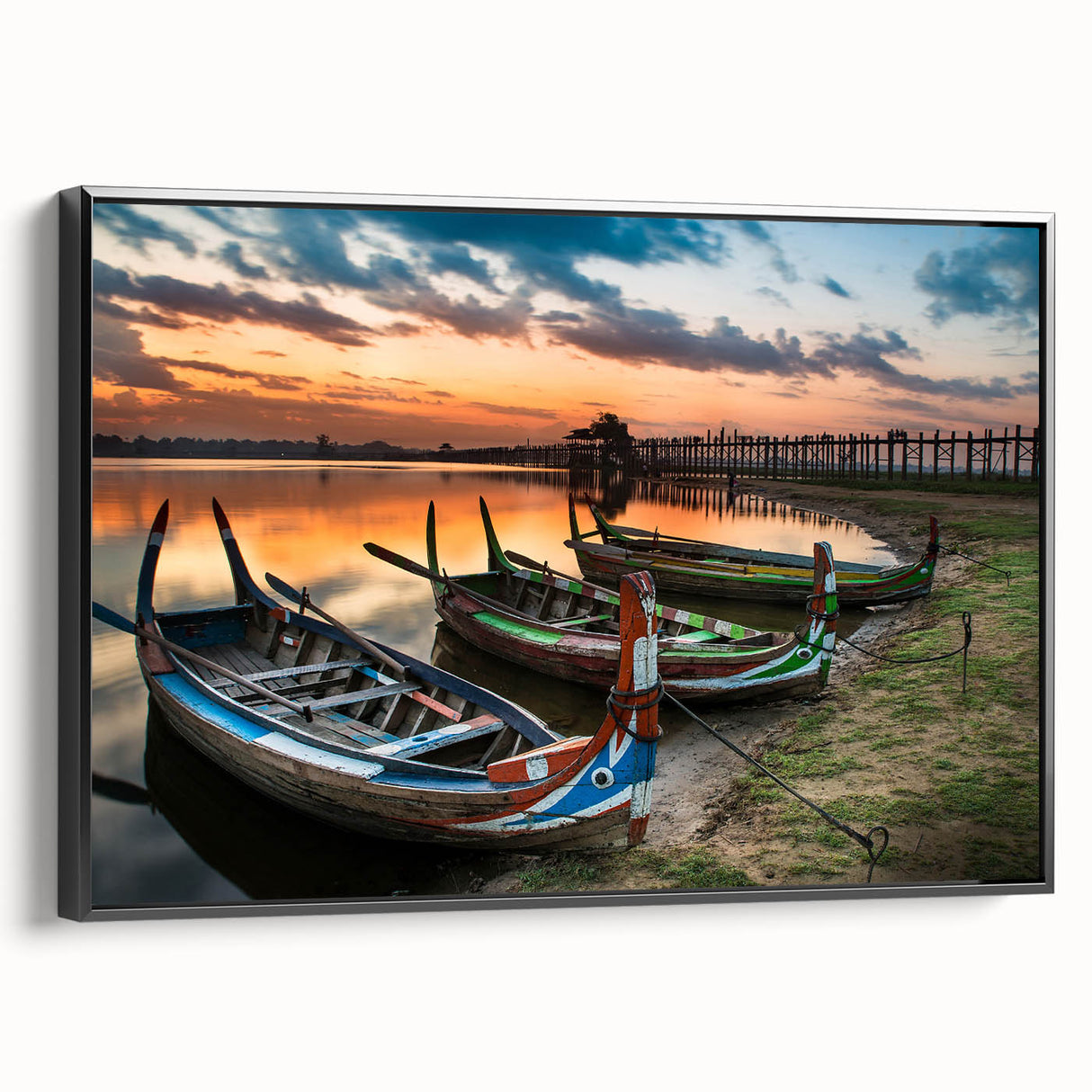 Black and white landscape art painting of Myanmar scenery on framed canvas, ideal for bedroom decor.