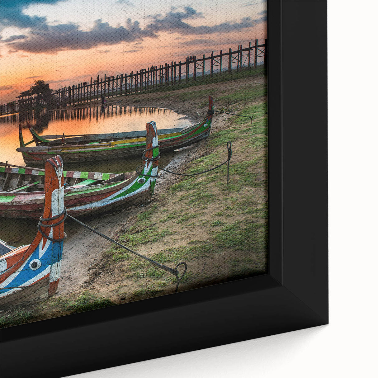 Extra large framed canvas featuring a textured scene of Myanmar landscape in black with colorful accents.
