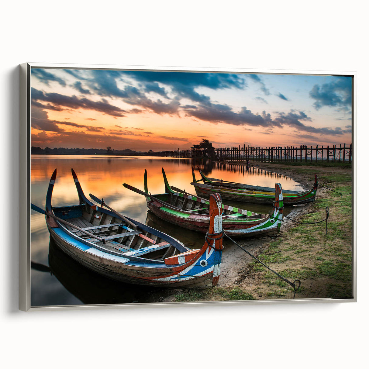Framed canvas landscape art painting depicting a Myanmar scenery in colorful tones, ideal for living room decor.