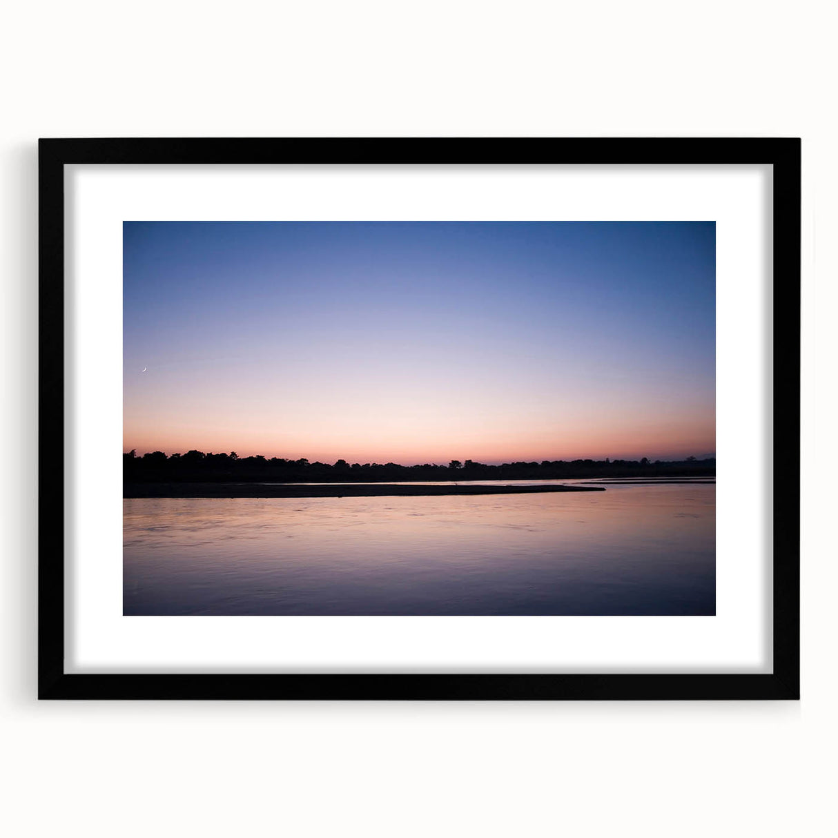 Colorful abstract art print of a textured Asian landscape in vibrant hues, framed with a black mat.