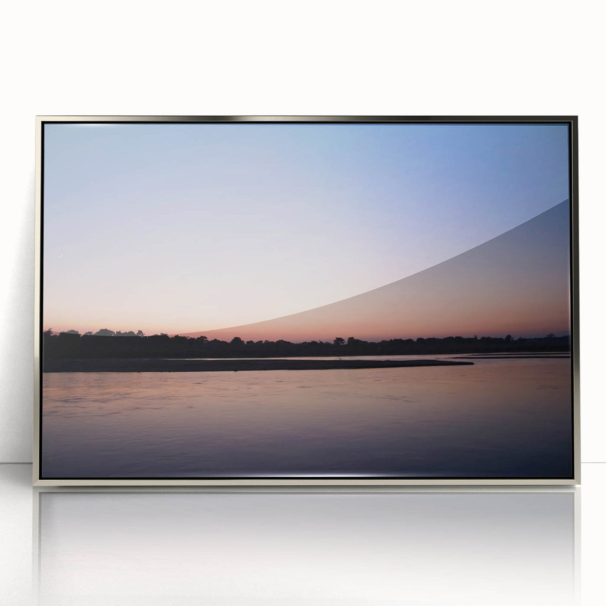 Mid-century modernist art depicting a serene Nepalese landscape in silver-framed acrylic, suitable for nursery wall decor.