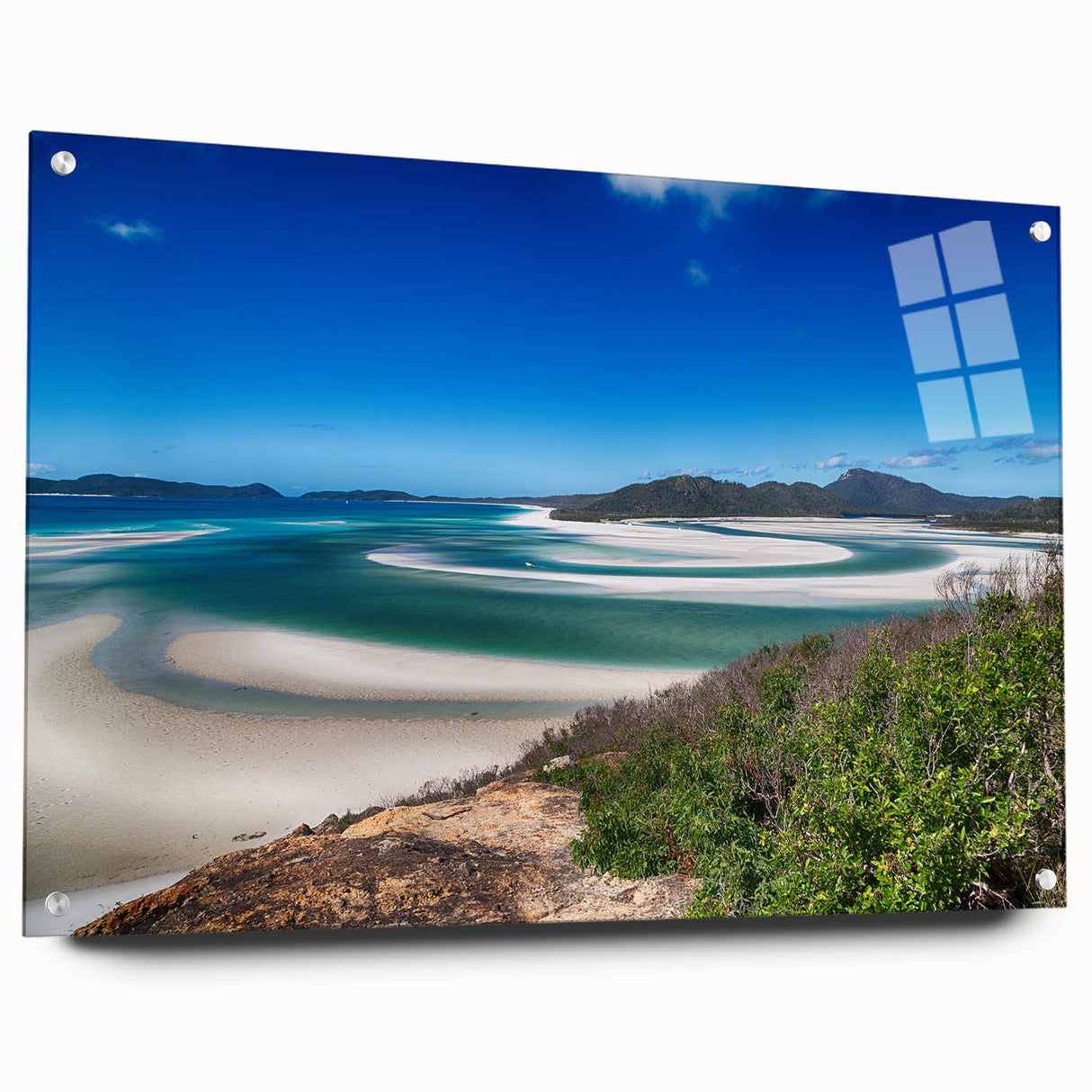 Acrylic print of a large abstract Queensland scenery in blue and green tones, suitable for bedroom or dining room decor.