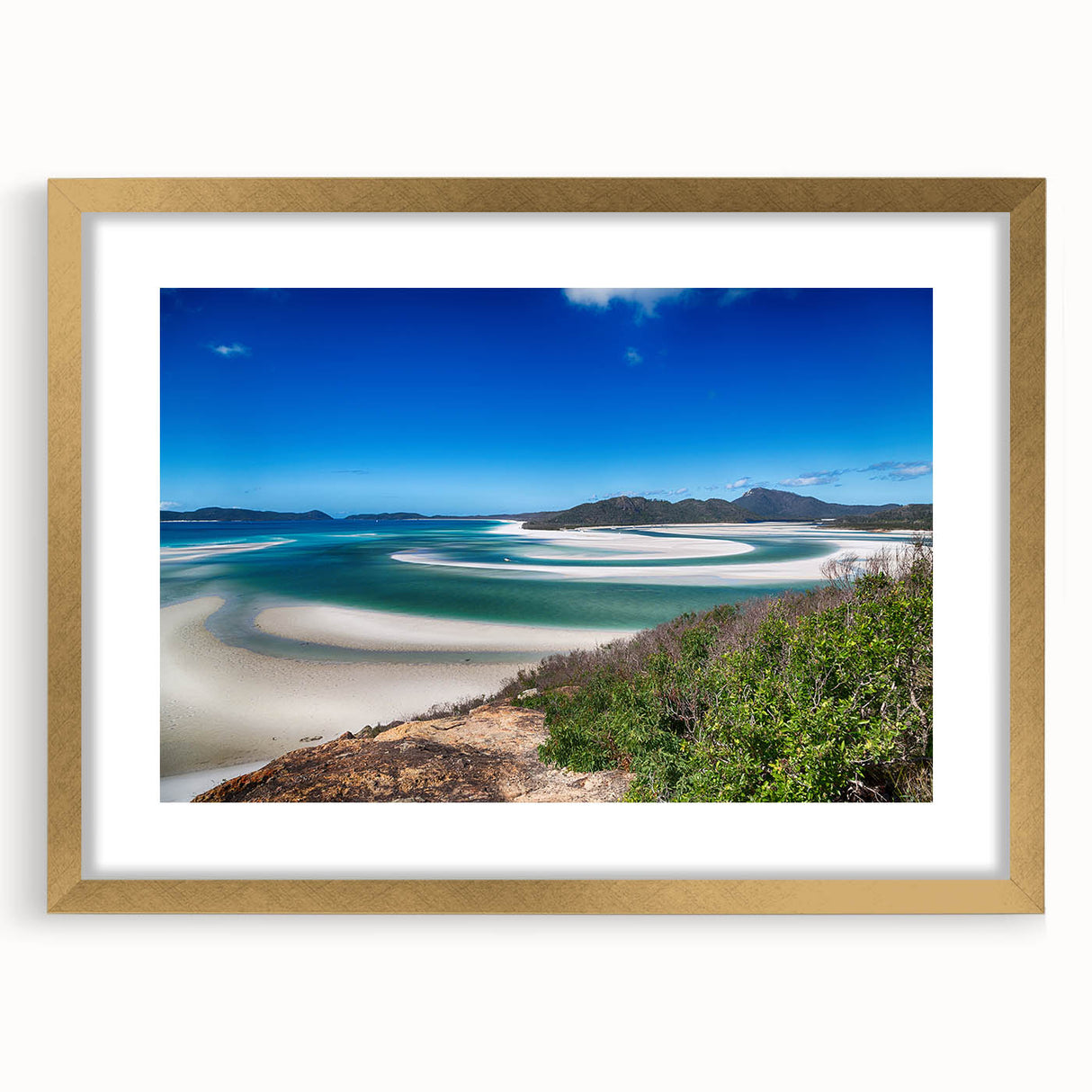 Abstract textured art print of Queensland scenery in gold frame, ideal for bedroom decor.