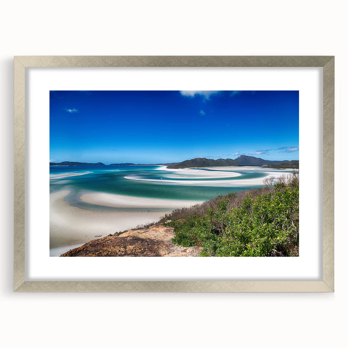 Abstract art print of Queensland scenery in muted earth tones on a framed silver mat, suitable for dining room decor.