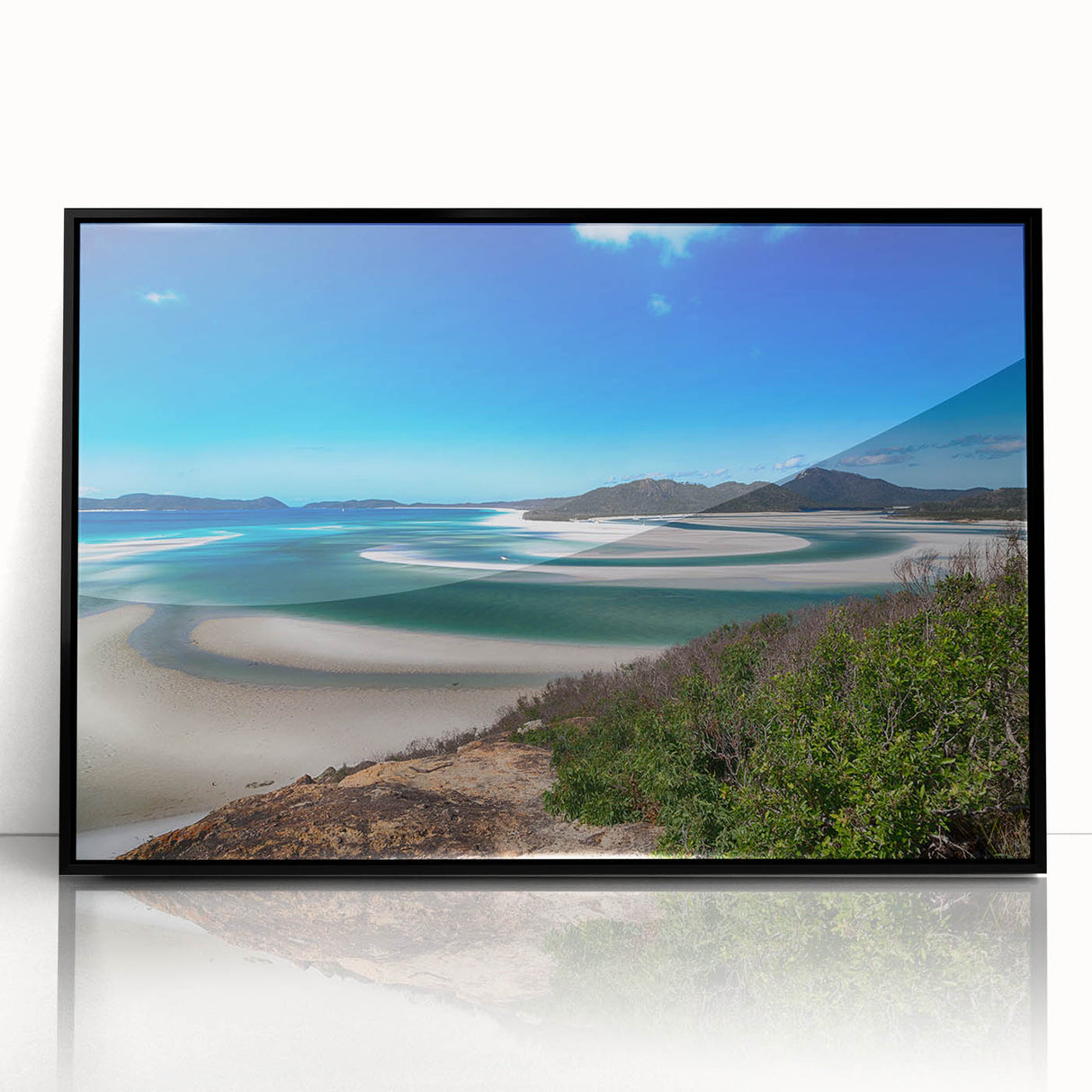 Large abstract wall art depicting the Queensland scenery, in muted earth tones, framed in black acrylic.