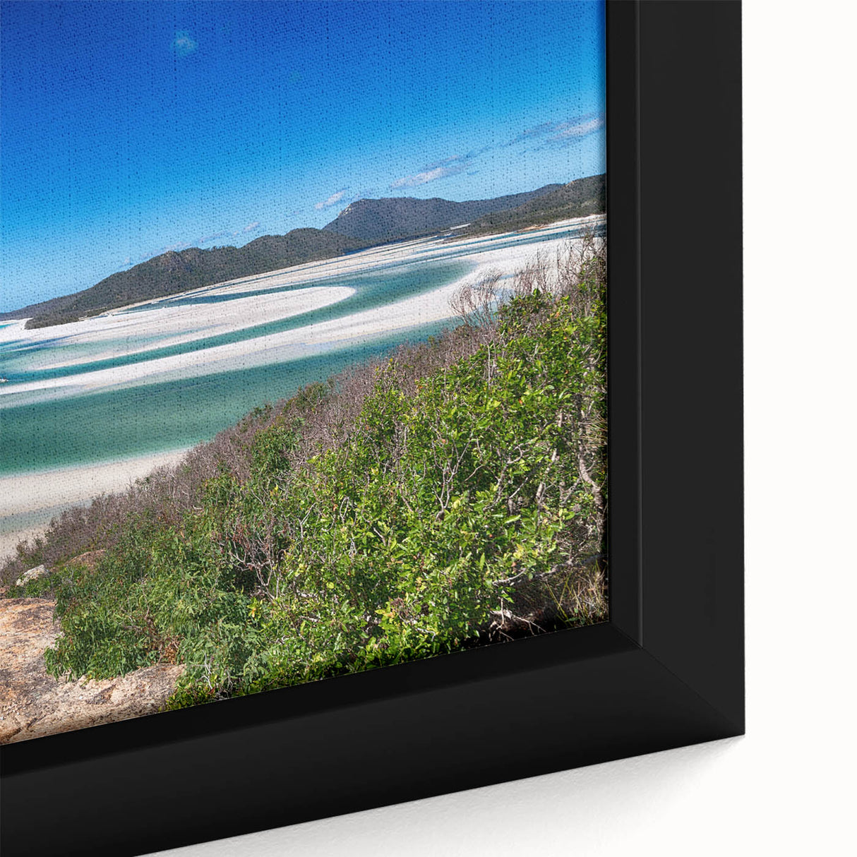 Close-up of a black wall art canvas featuring a textured, colorful Queensland scenery, ideal for living room decor.