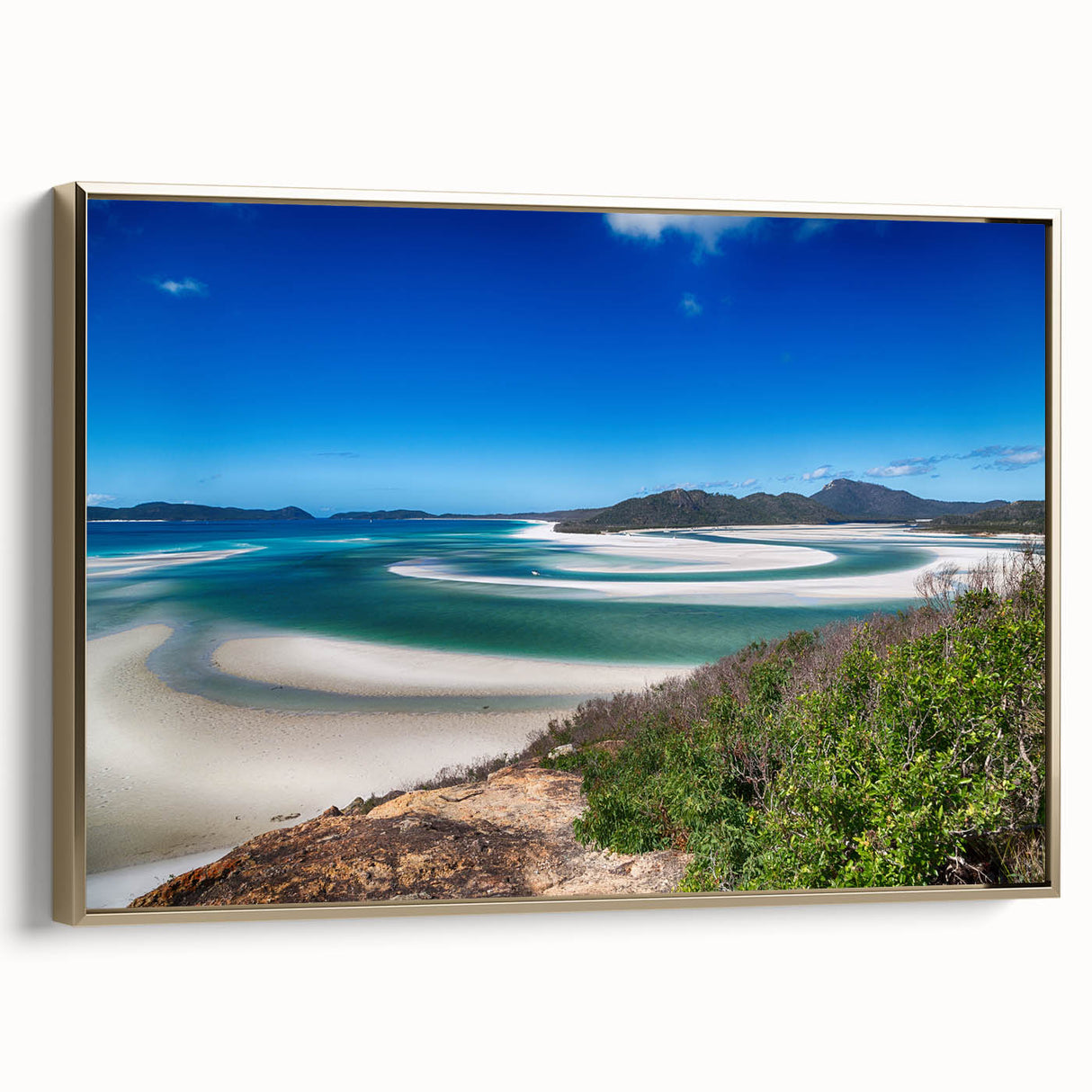 Landscape art painting of Queensland, Australia on framed canvas, featuring vibrant colors with a vintage poster style.