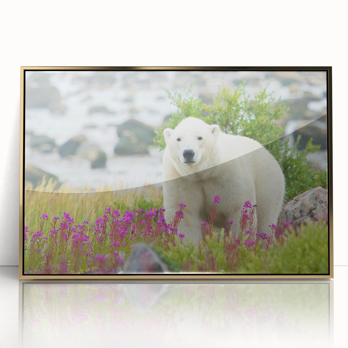 Acrylic print of a serene Manitoba landscape in muted earth tones, framed in gold, suitable for modern nursery decor.