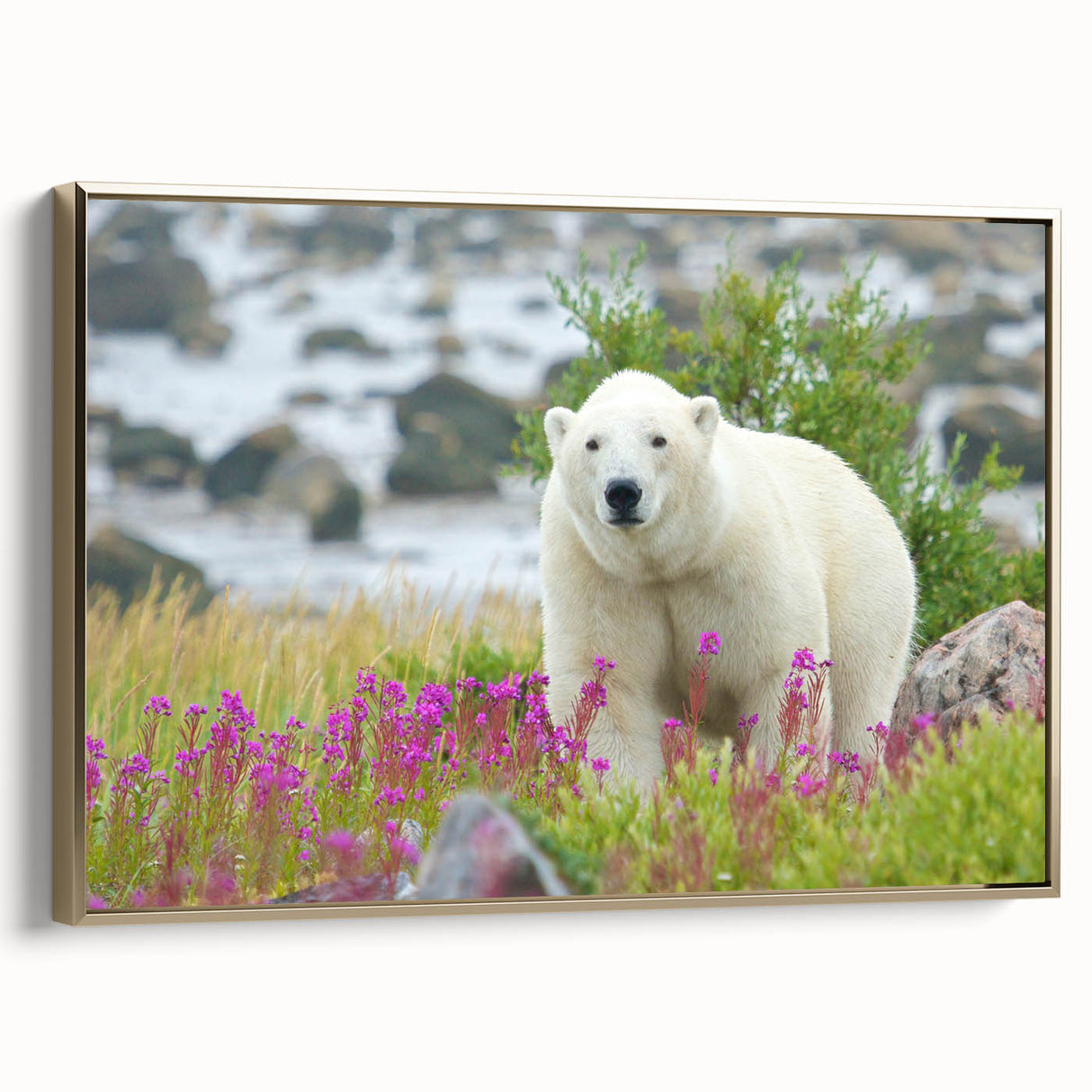 Framed canvas featuring a vintage-style landscape of Manitoba with black and gold tones, ideal for bedroom wall art.