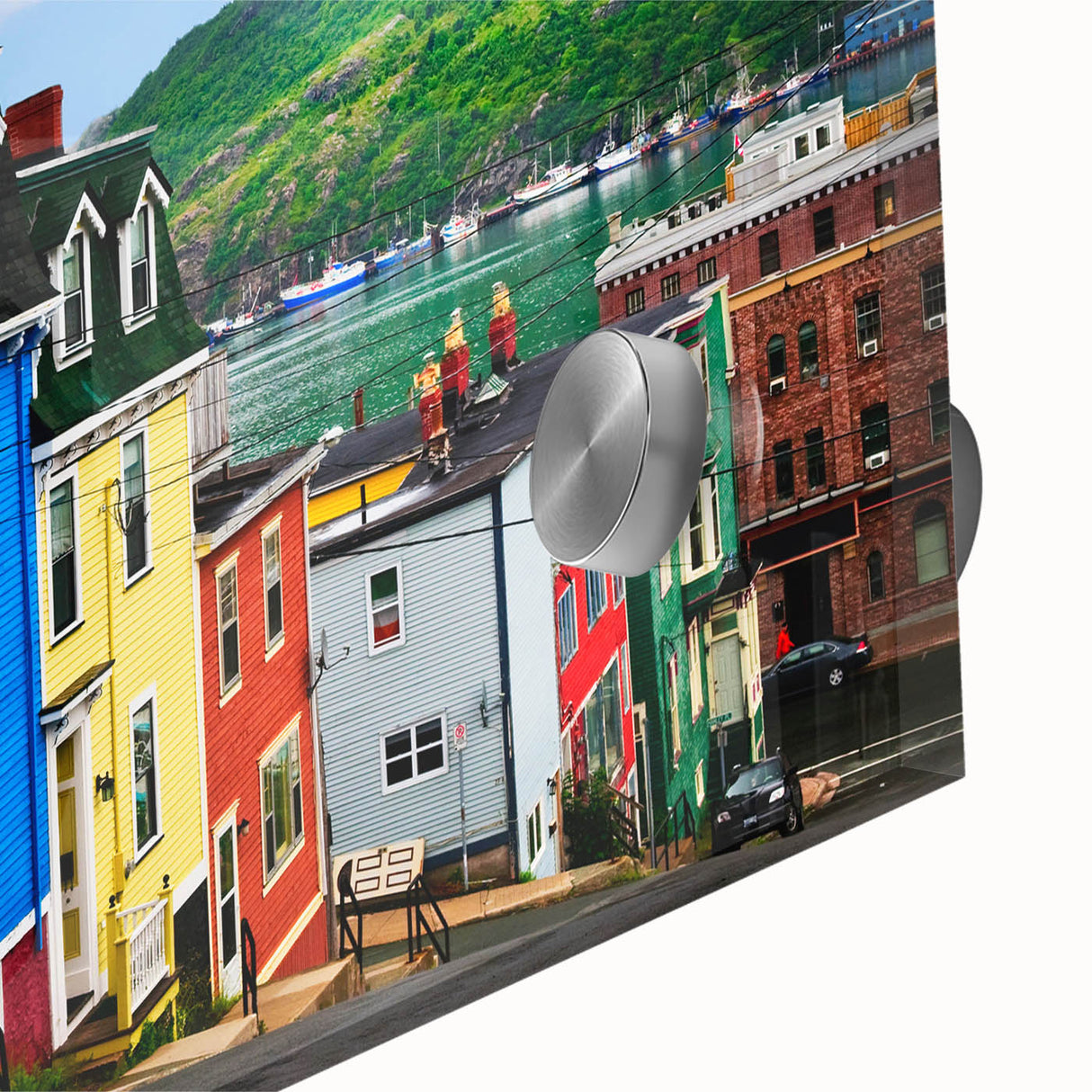 Mid-century modernist acrylic print of abstract Newfoundland scenery in muted blues and greens, ideal for dining room art.