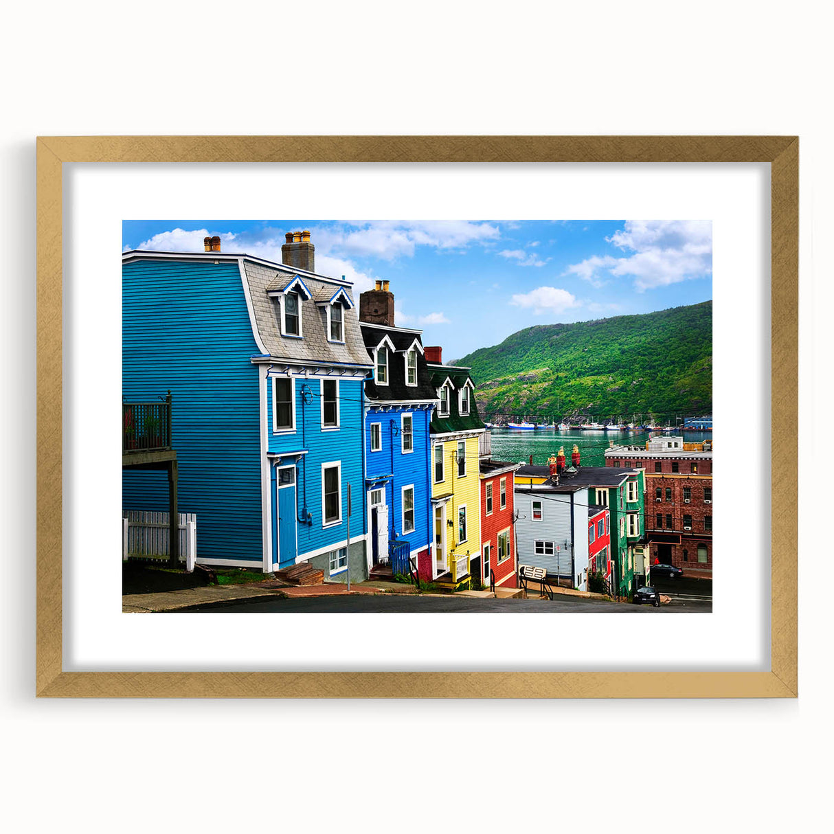 Extra large wall art of abstract Newfoundland scenery in textured gold frame, with muted earth tones.