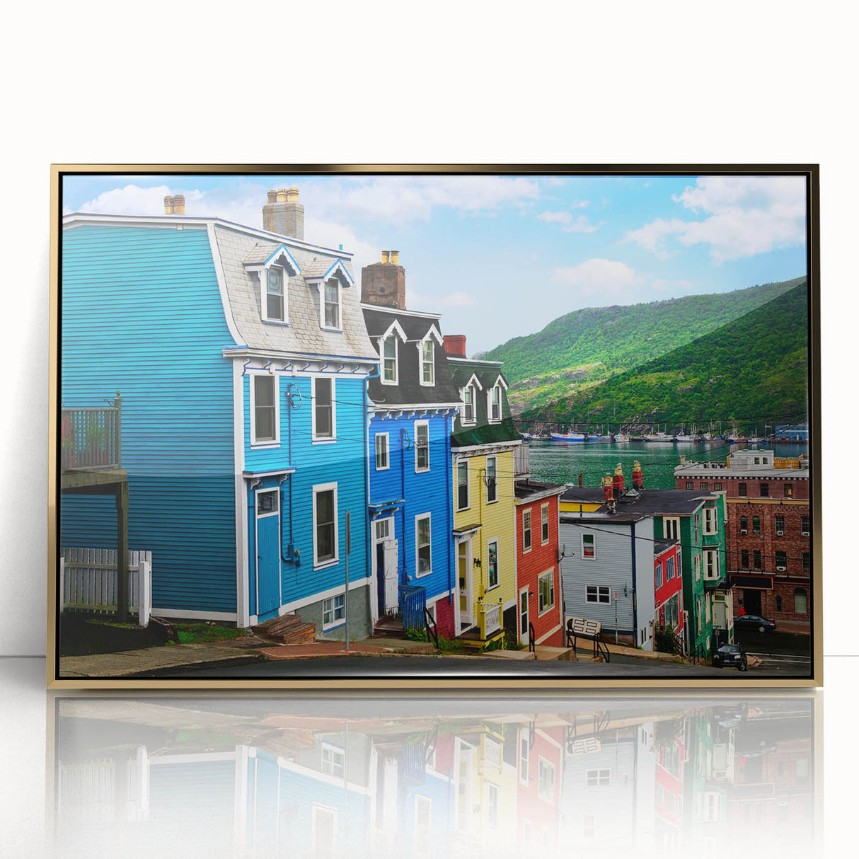 Acrylic print of a Newfoundland scenery in muted earth tones, framed in gold, ideal for modern art wall decor.