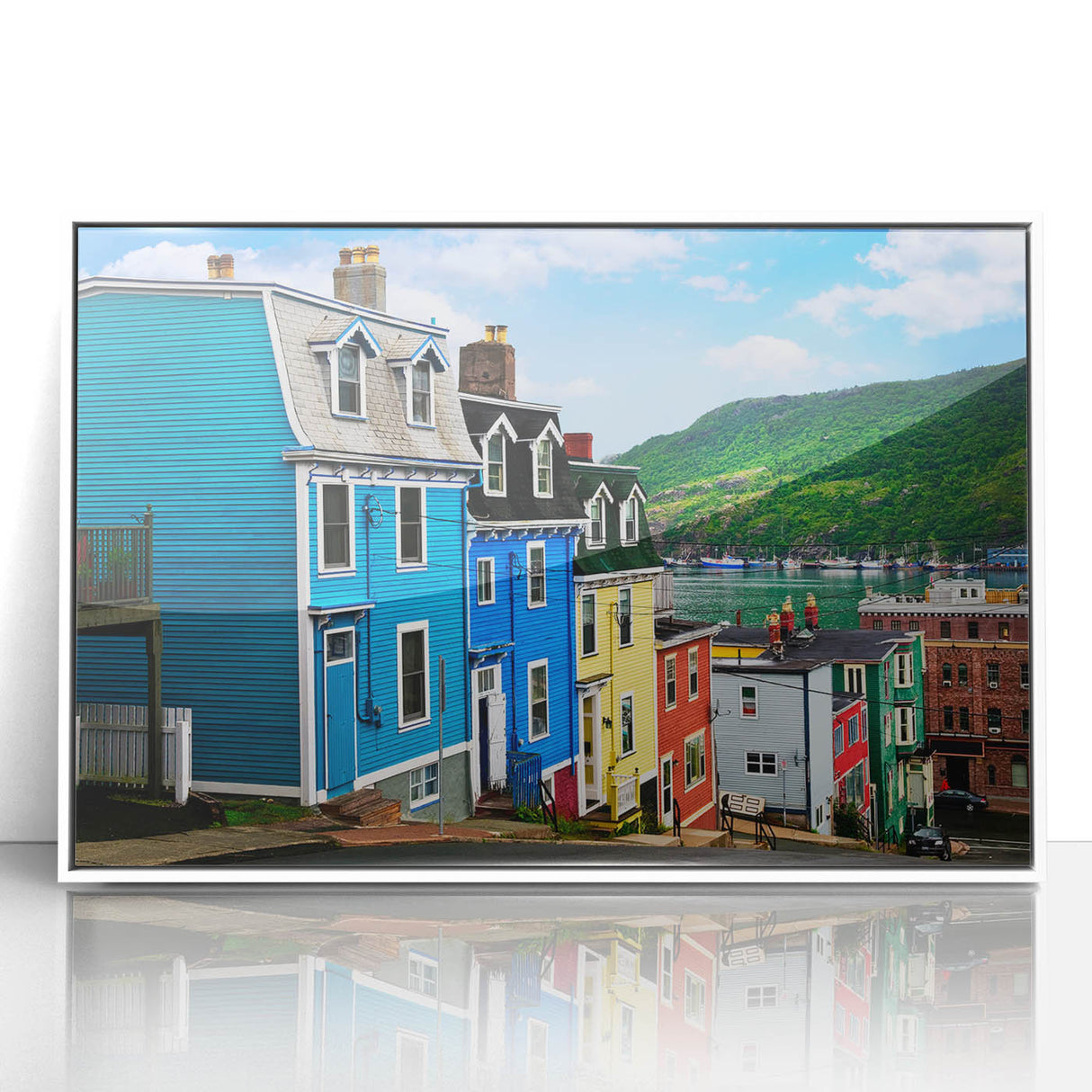 Modern art wall decor featuring a serene Newfoundland landscape in muted green and blue tones, framed acrylic.