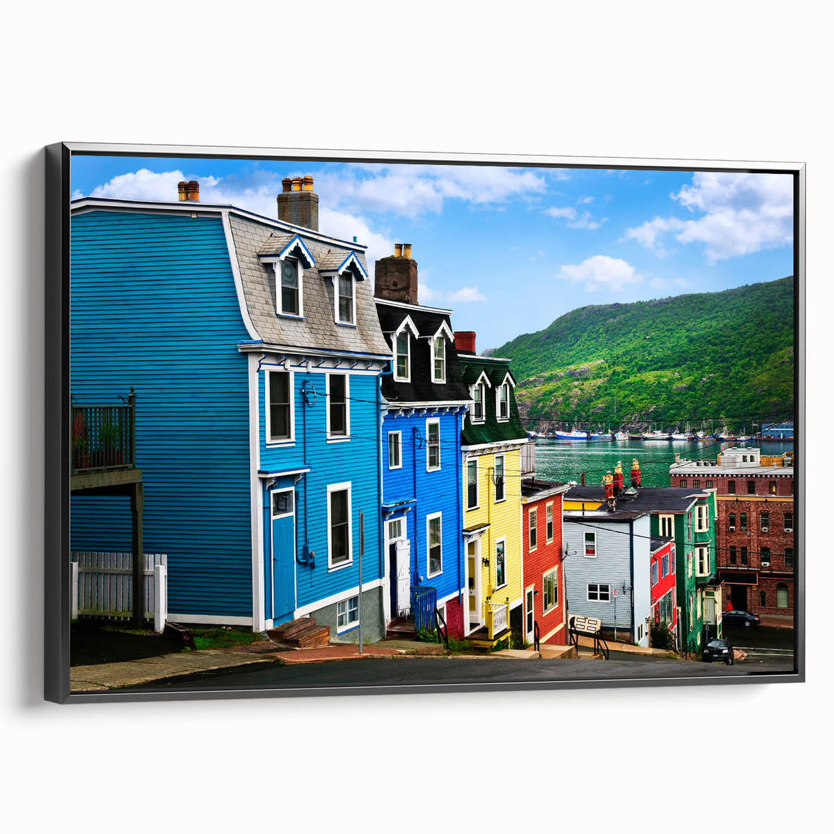 Black and white framed canvas of a Newfoundland landscape, ideal for bedroom wall art.