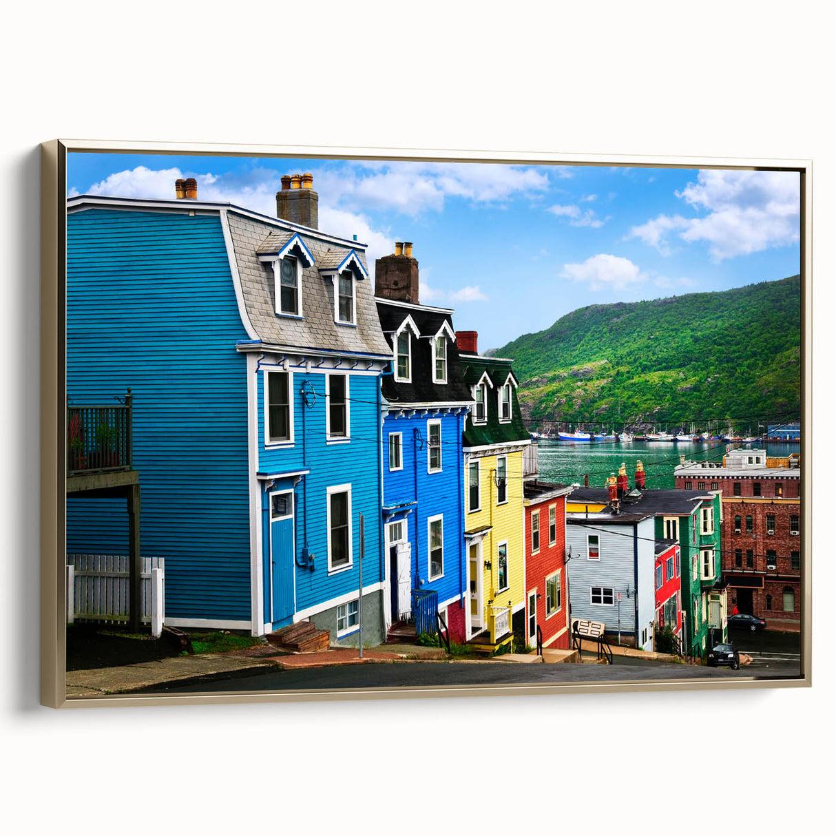 Framed canvas depicting a vintage-style Newfoundland landscape in muted gold and black tones, ideal for bedroom wall decor.